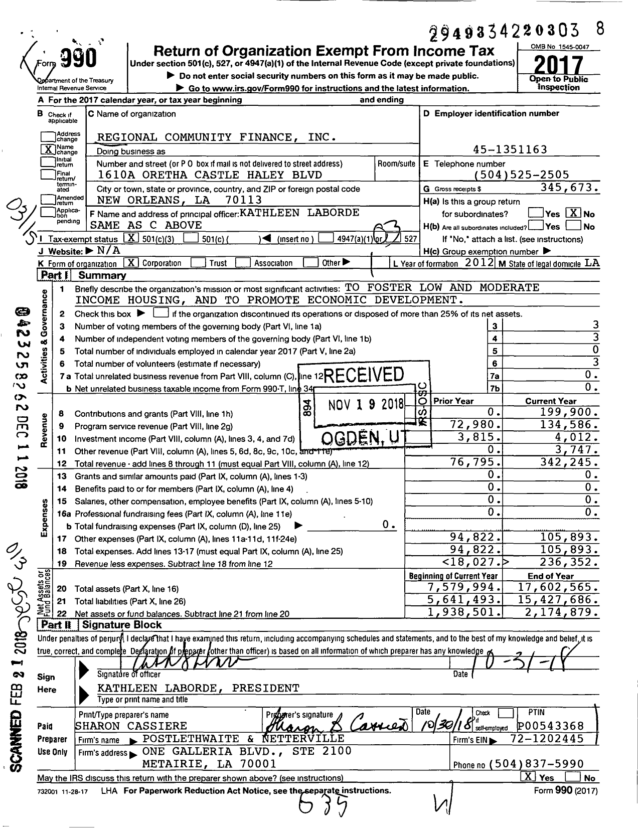 Image of first page of 2017 Form 990 for Regional Community Finance