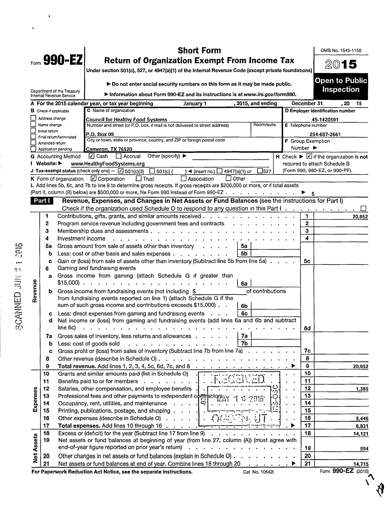 Image of first page of 2015 Form 990EZ for Council for Healthy Food Systems