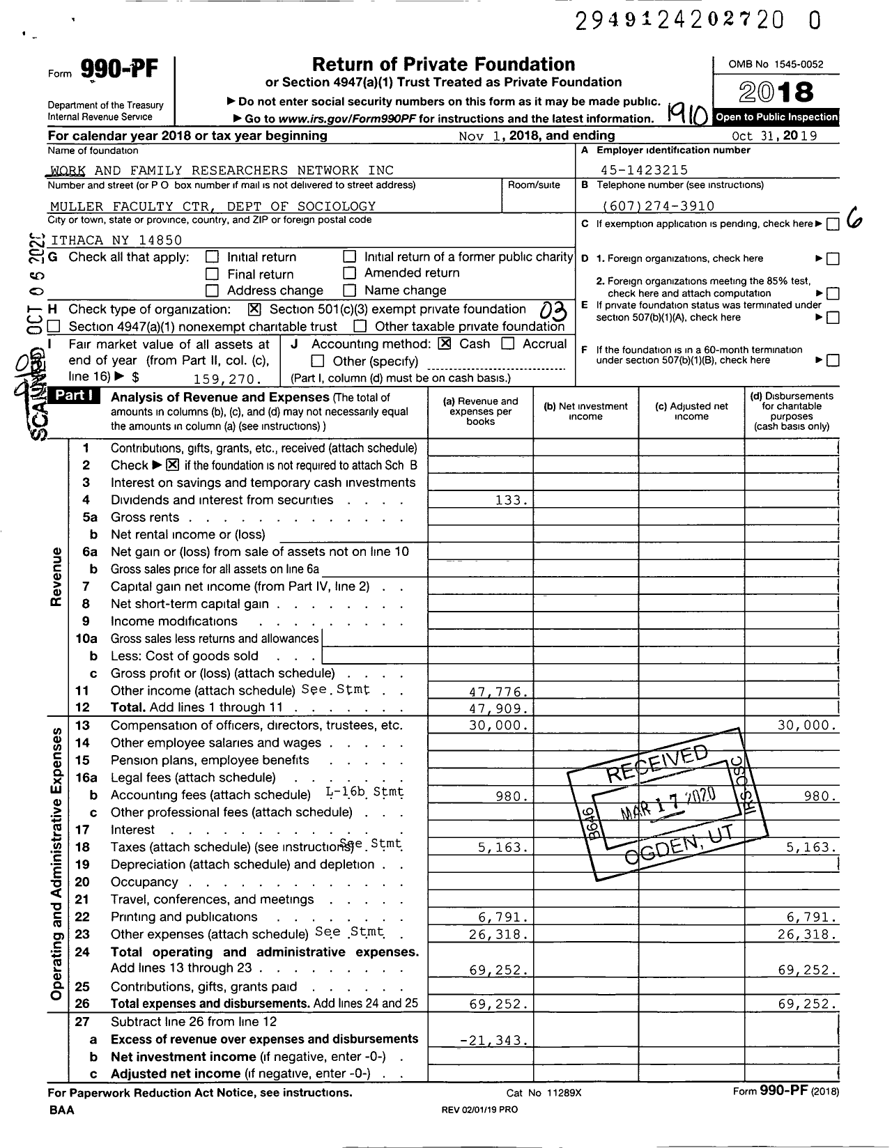 Image of first page of 2018 Form 990PR for Work and Family Researchers Network