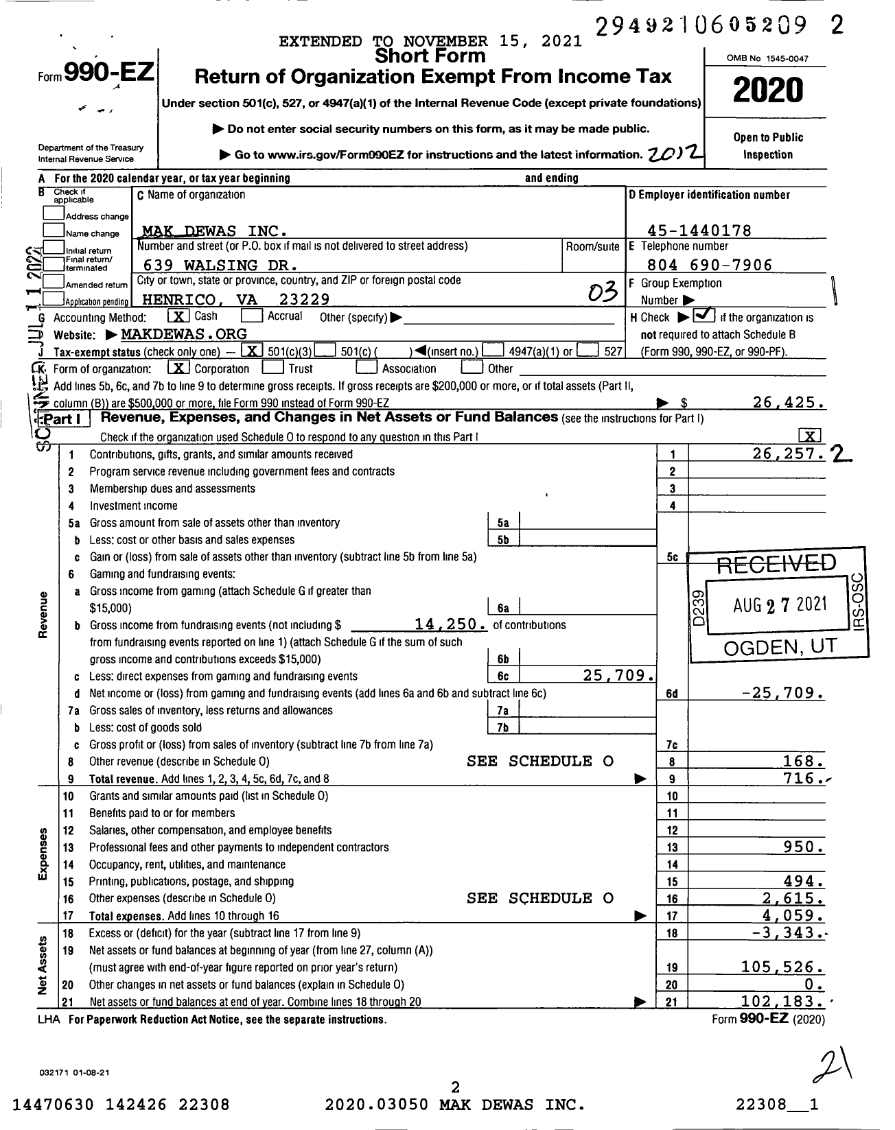 Image of first page of 2020 Form 990EZ for Mak Dewas