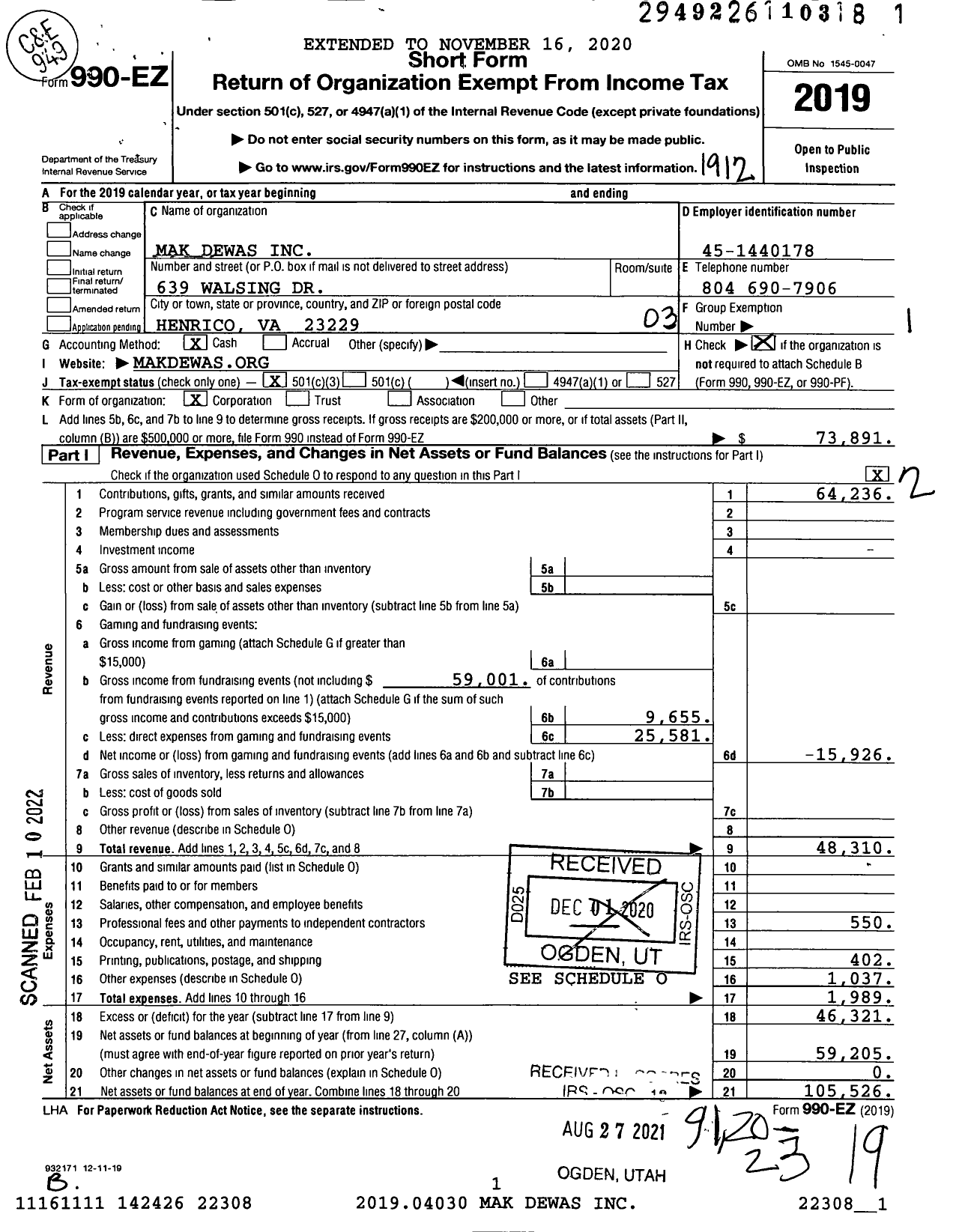 Image of first page of 2019 Form 990EZ for Mak Dewas