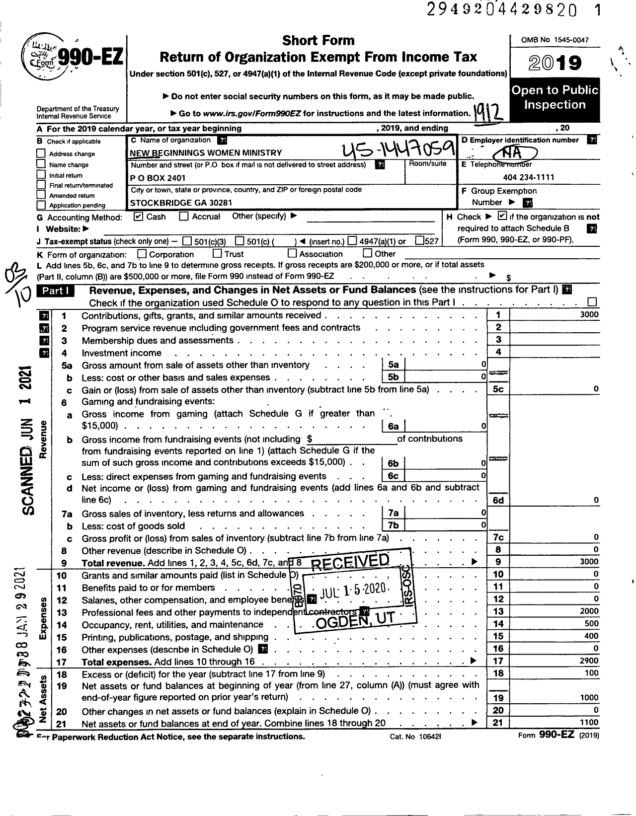 Image of first page of 2019 Form 990EZ for New Beginnings Women Ministry