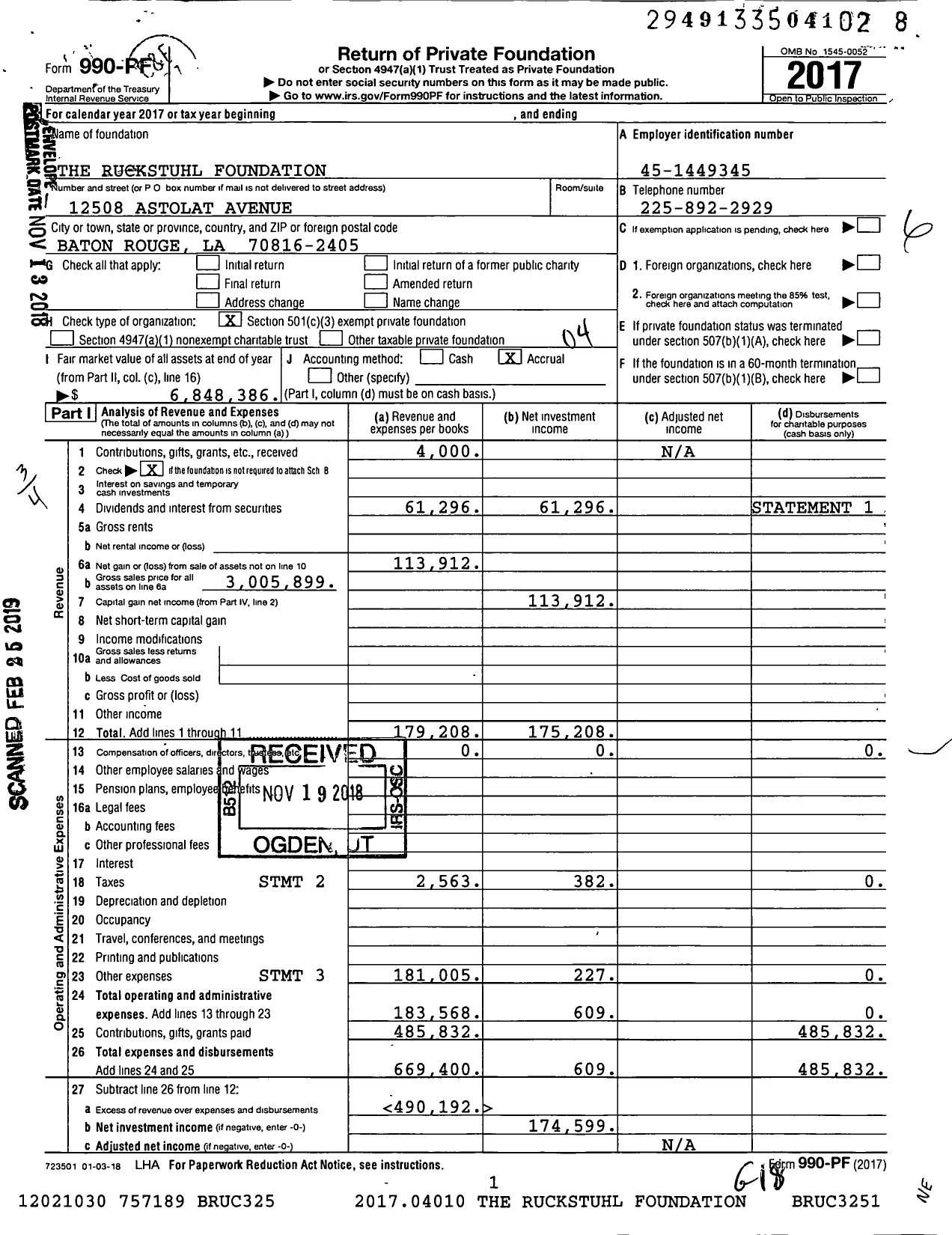 Image of first page of 2017 Form 990PF for The Ruckstuhl Foundation