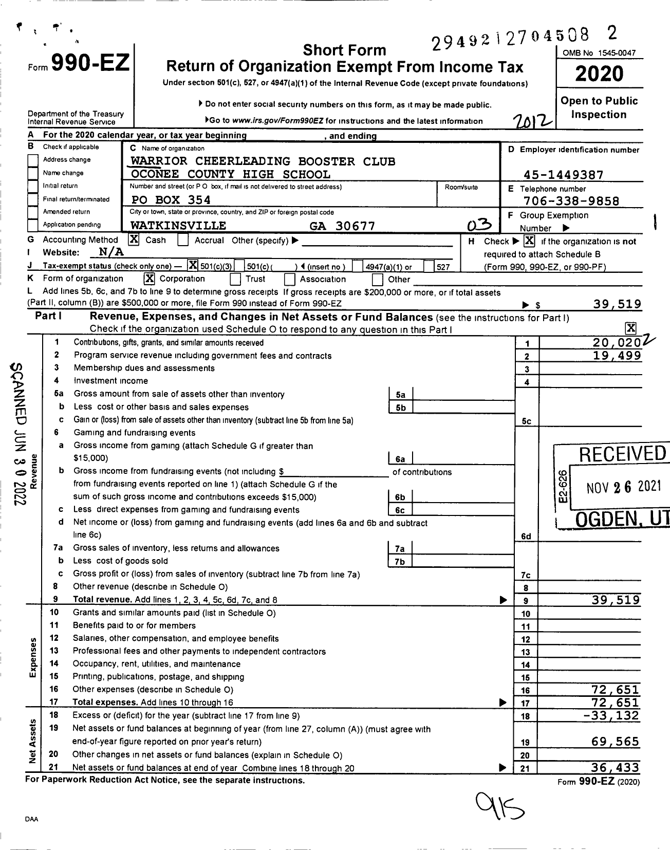 Image of first page of 2020 Form 990EZ for Warrior Cheerleading Booster Club Oconee County High School