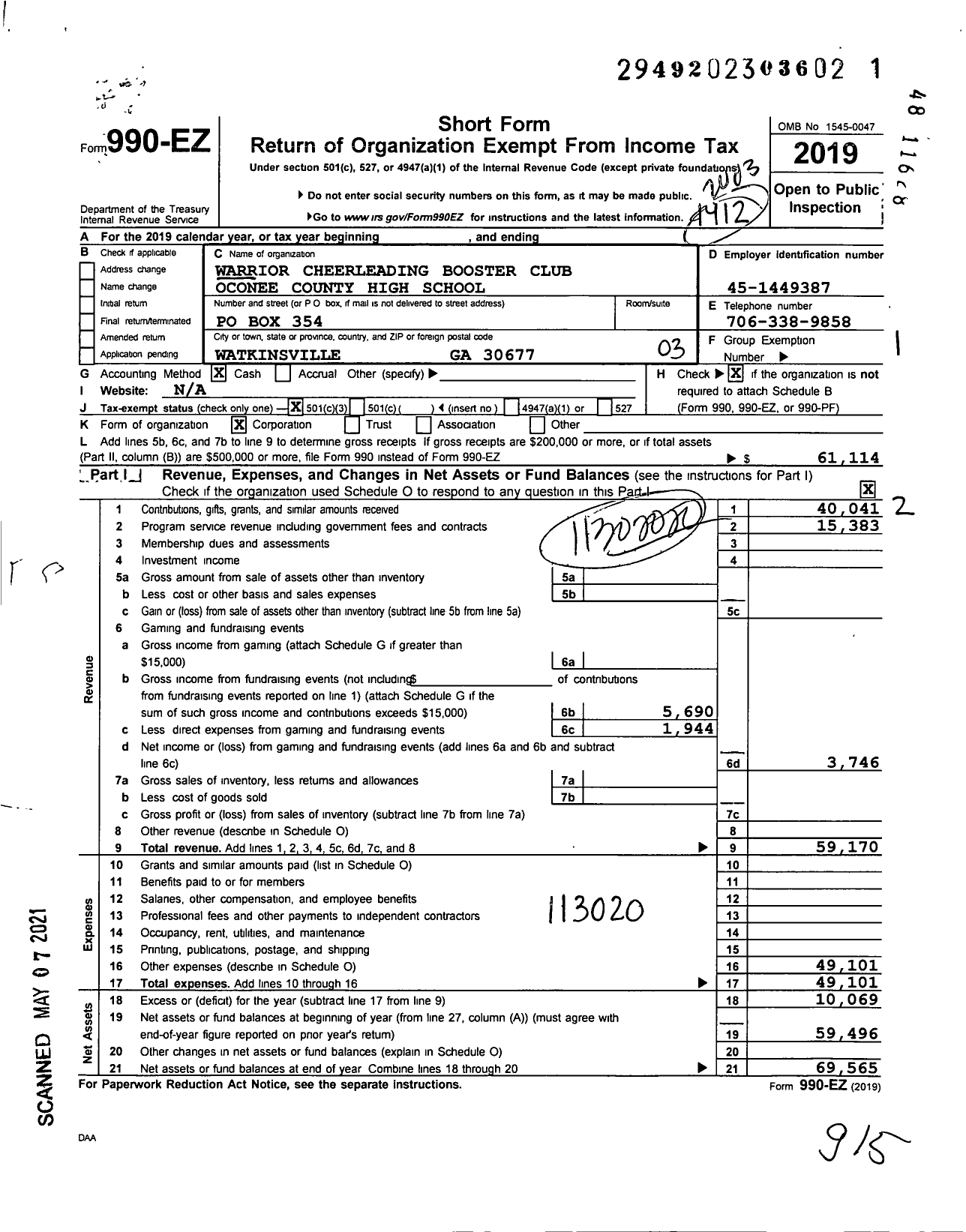 Image of first page of 2019 Form 990EZ for Warrior Cheerleading Booster Club Oconee County High School