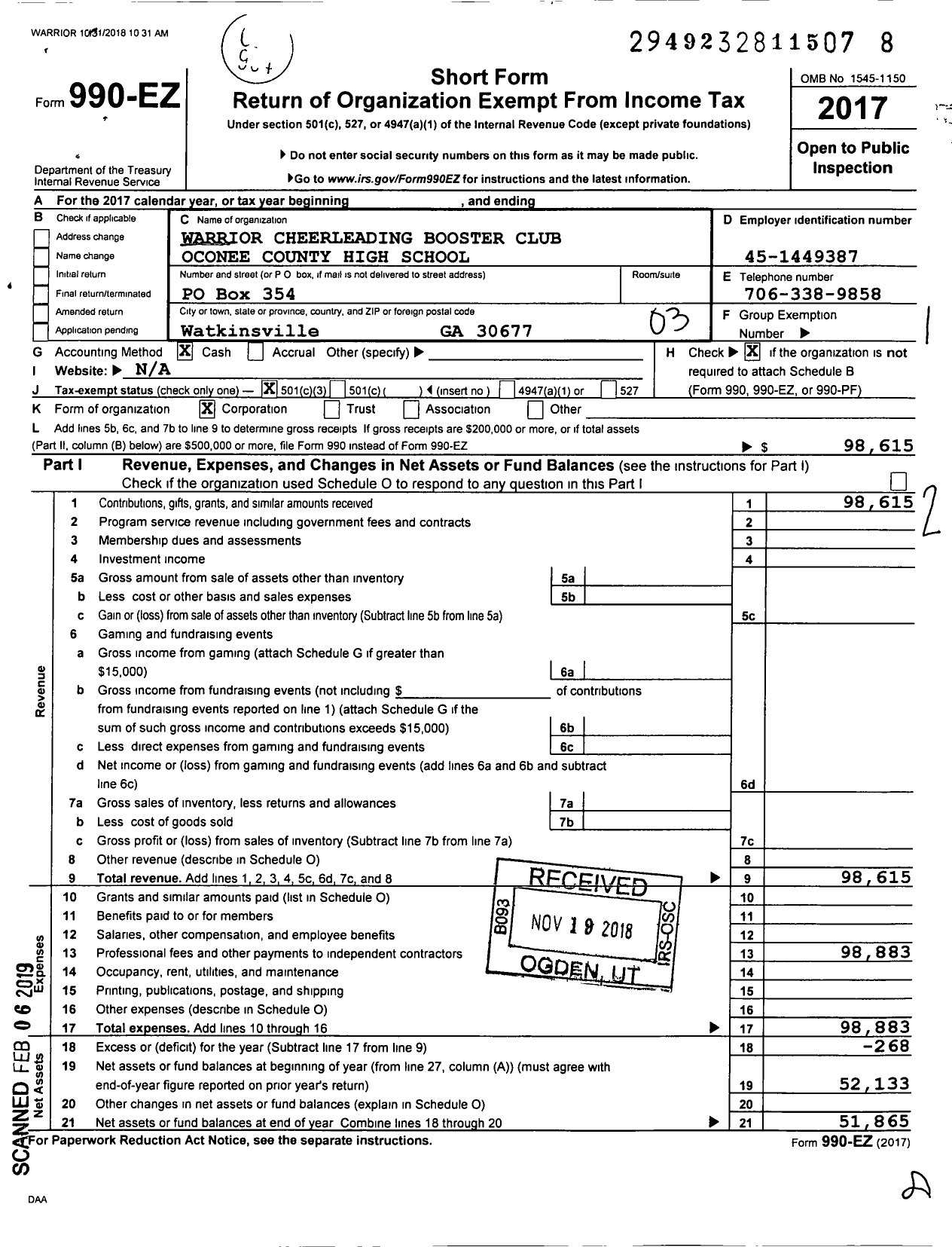 Image of first page of 2017 Form 990EZ for Warrior Cheerleading Booster Club Oconee County High School