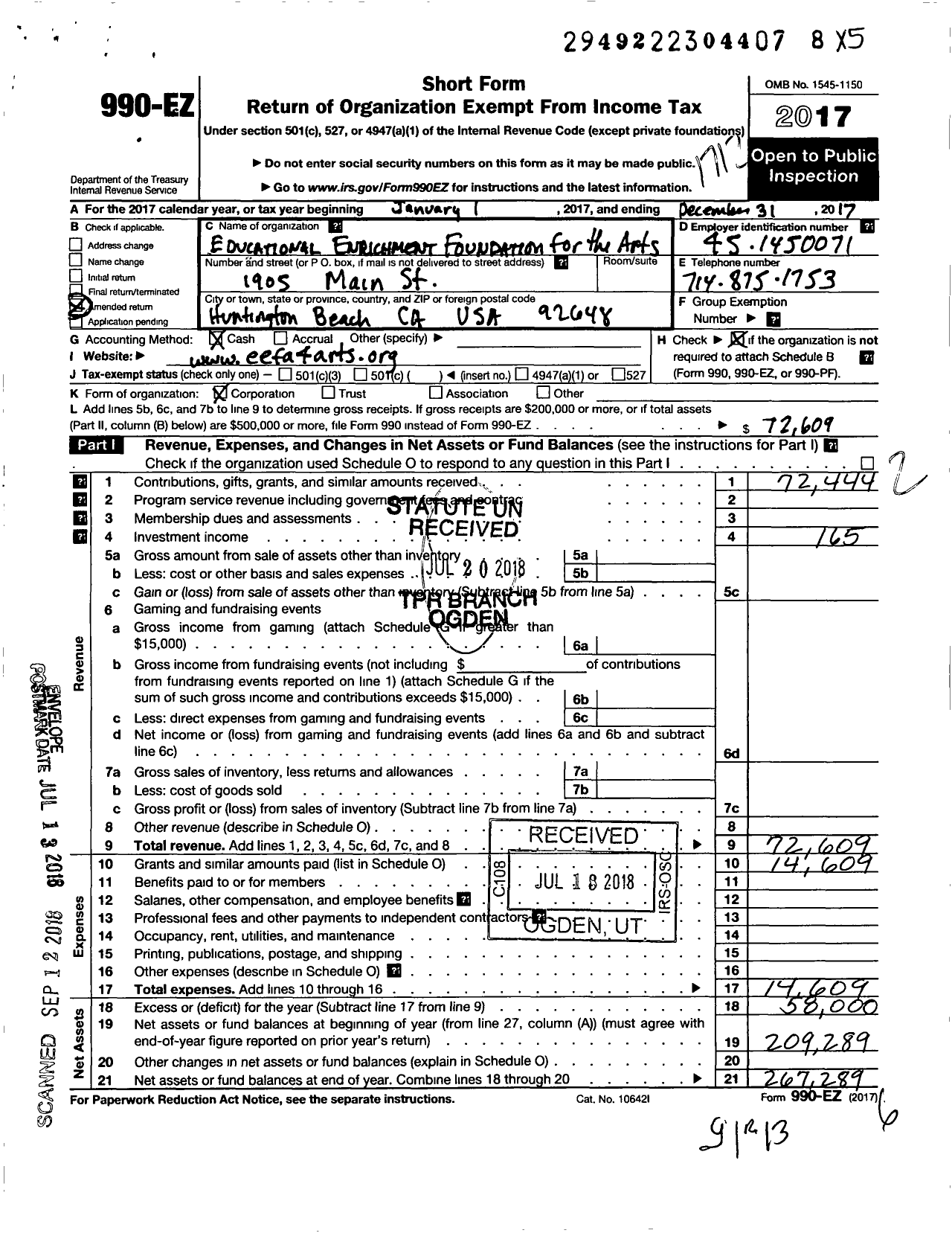 Image of first page of 2017 Form 990EO for Educational Enrichment Foundation for the Arts