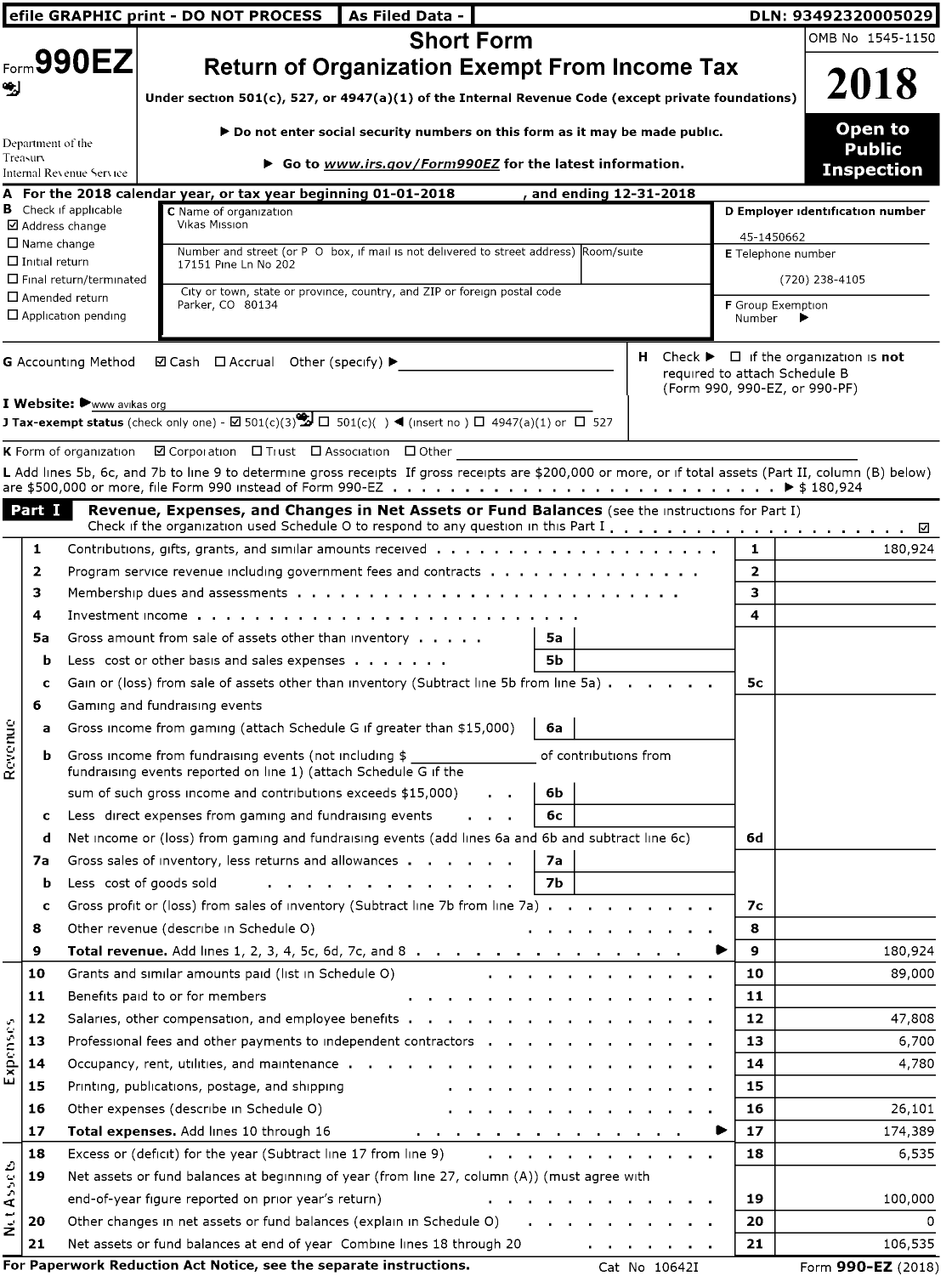 Image of first page of 2018 Form 990EZ for Vikas Mission