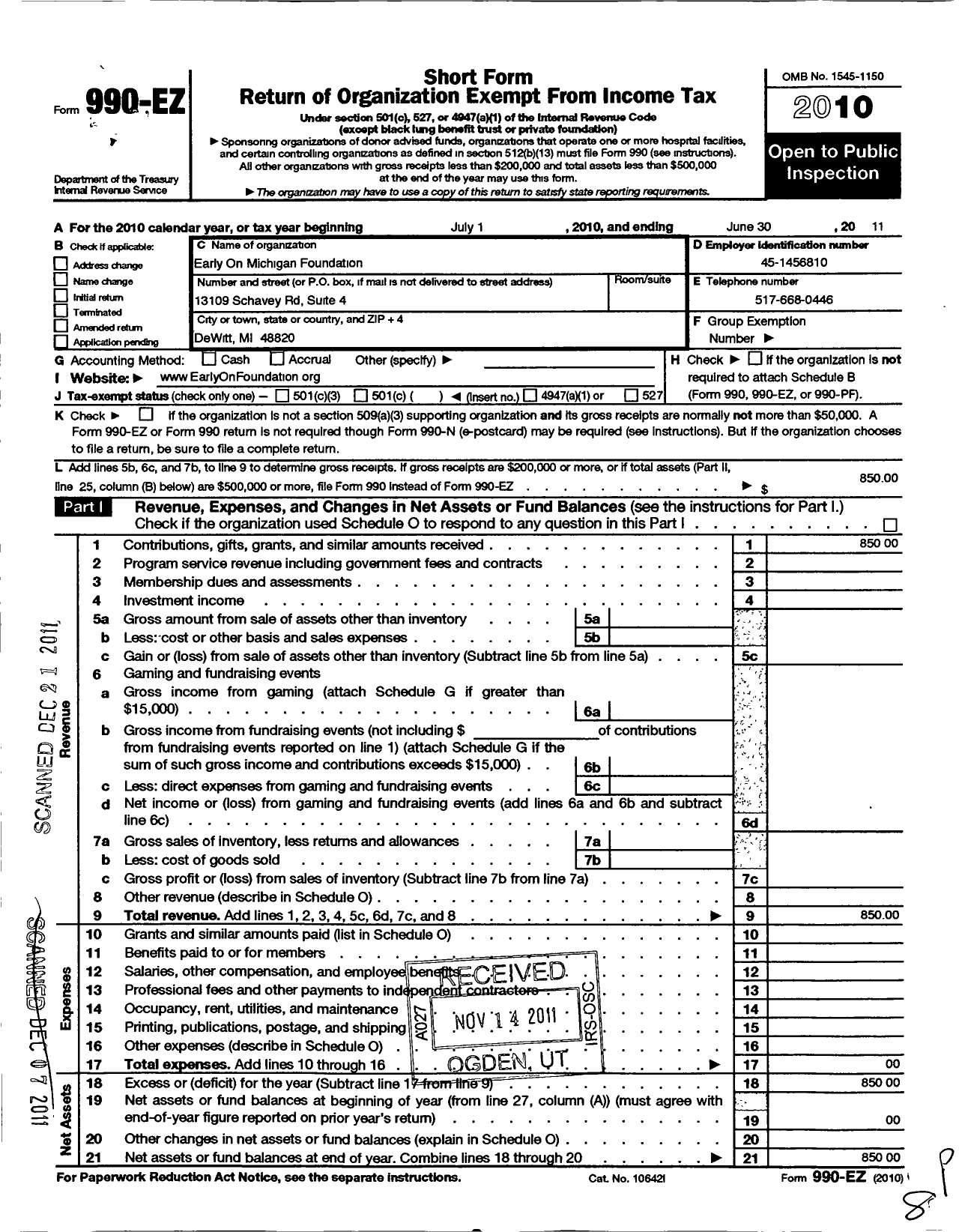 Image of first page of 2010 Form 990EO for Early on Michigan Foundation