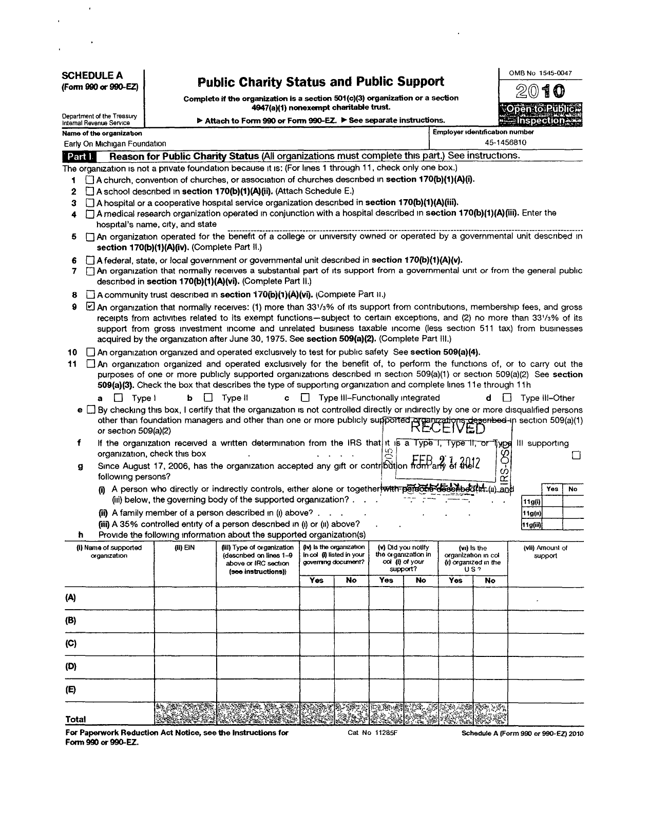 Image of first page of 2010 Form 990ER for Early on Michigan Foundation