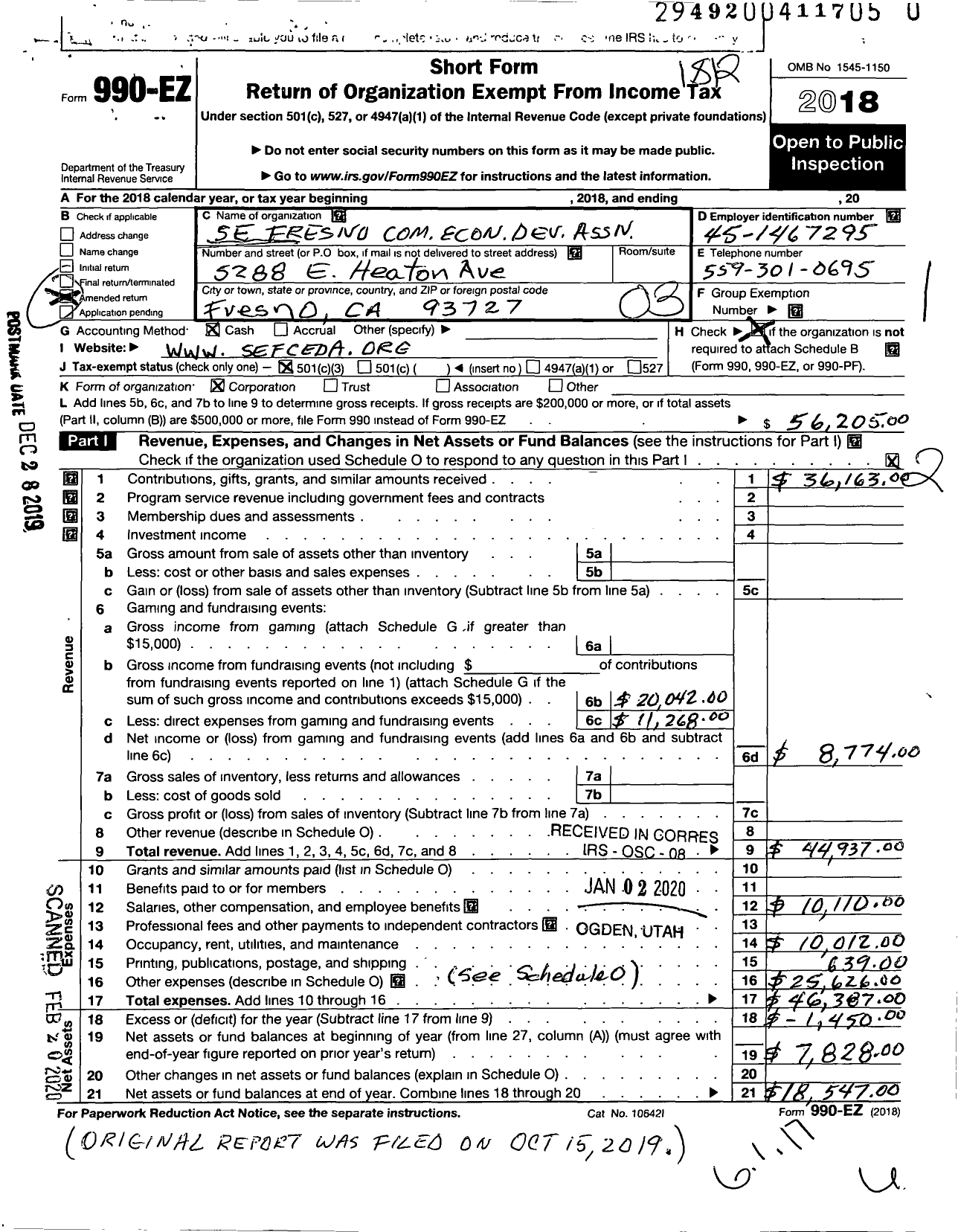 Image of first page of 2018 Form 990EZ for Southeast Fresno Community Economic Development Association (SEFCEDA)