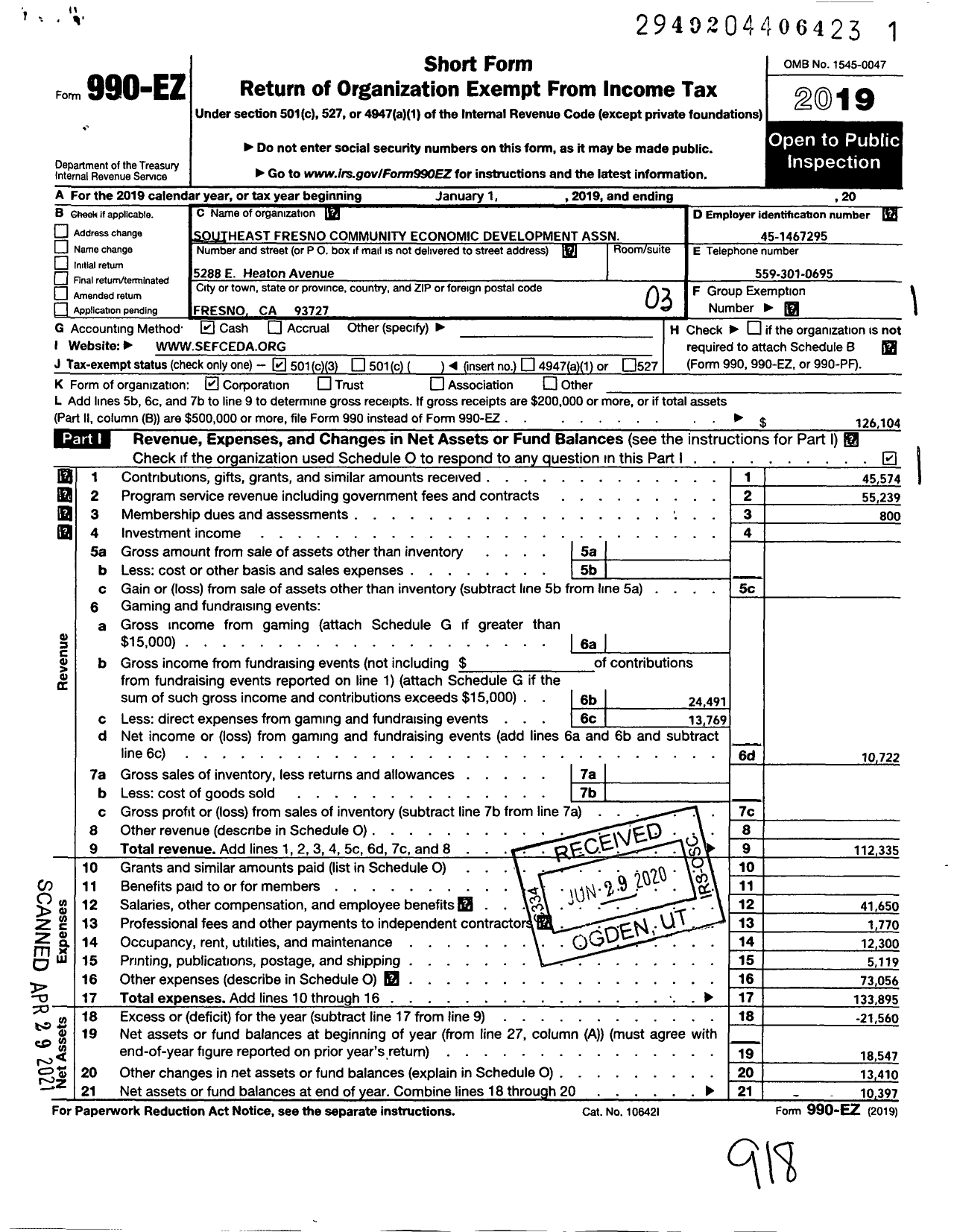 Image of first page of 2019 Form 990EZ for Southeast Fresno Community Economic Development Association (SEFCEDA)