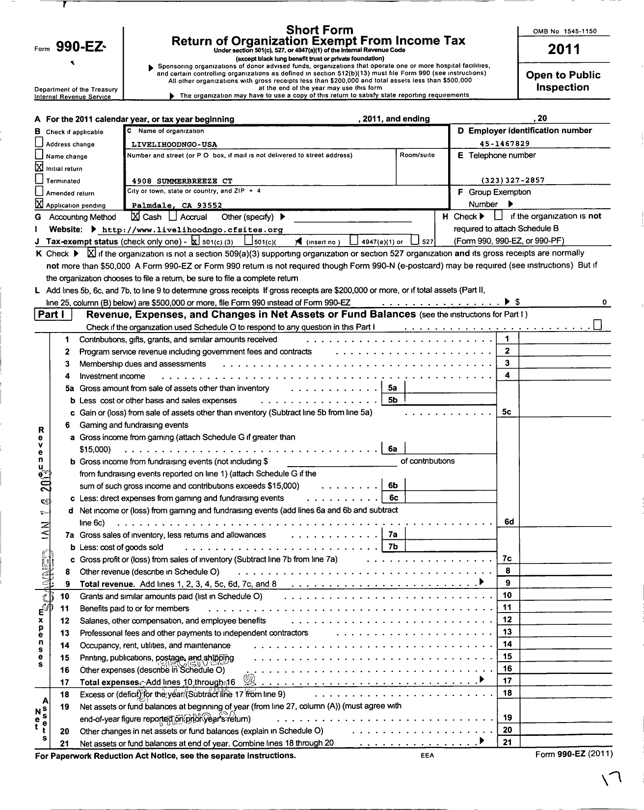 Image of first page of 2011 Form 990EZ for Livelihoodngo-Usa