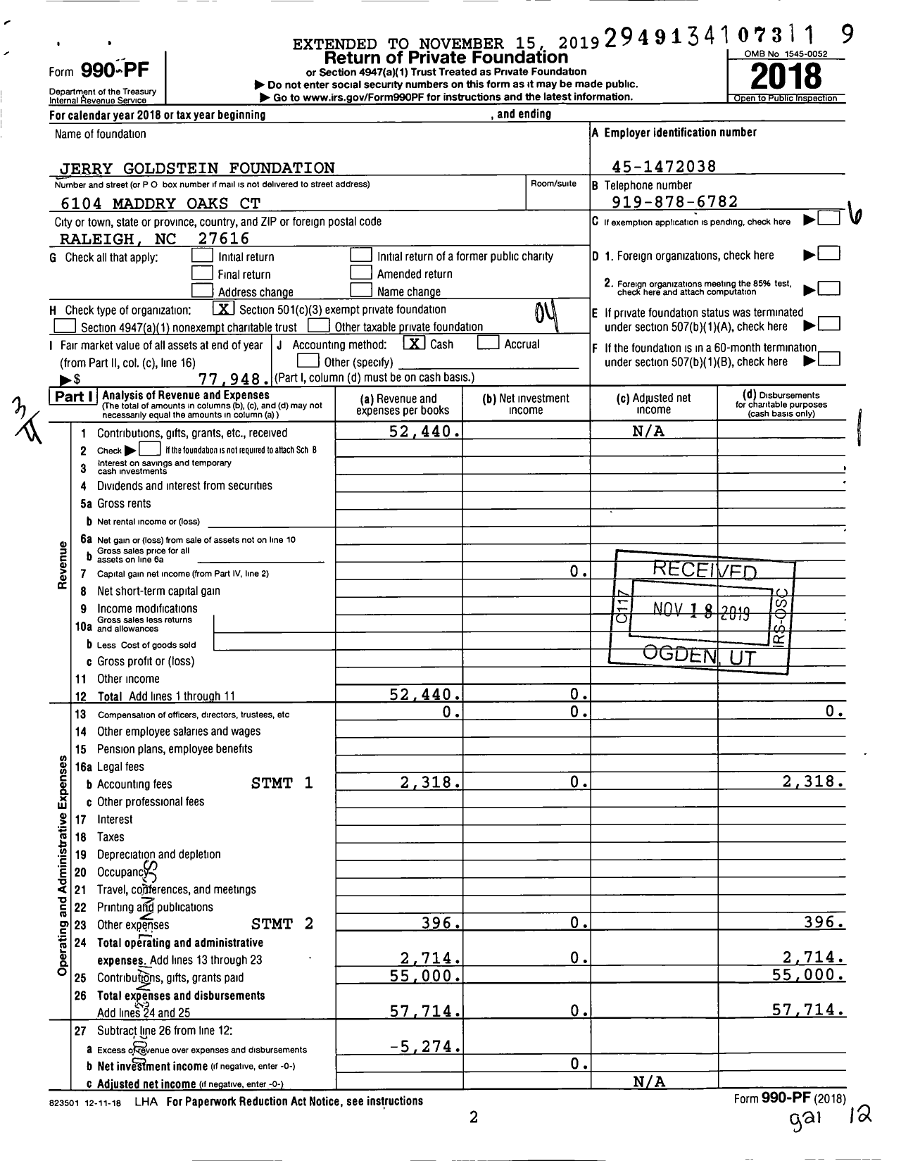 Image of first page of 2018 Form 990PF for Jerry Goldstein Foundation