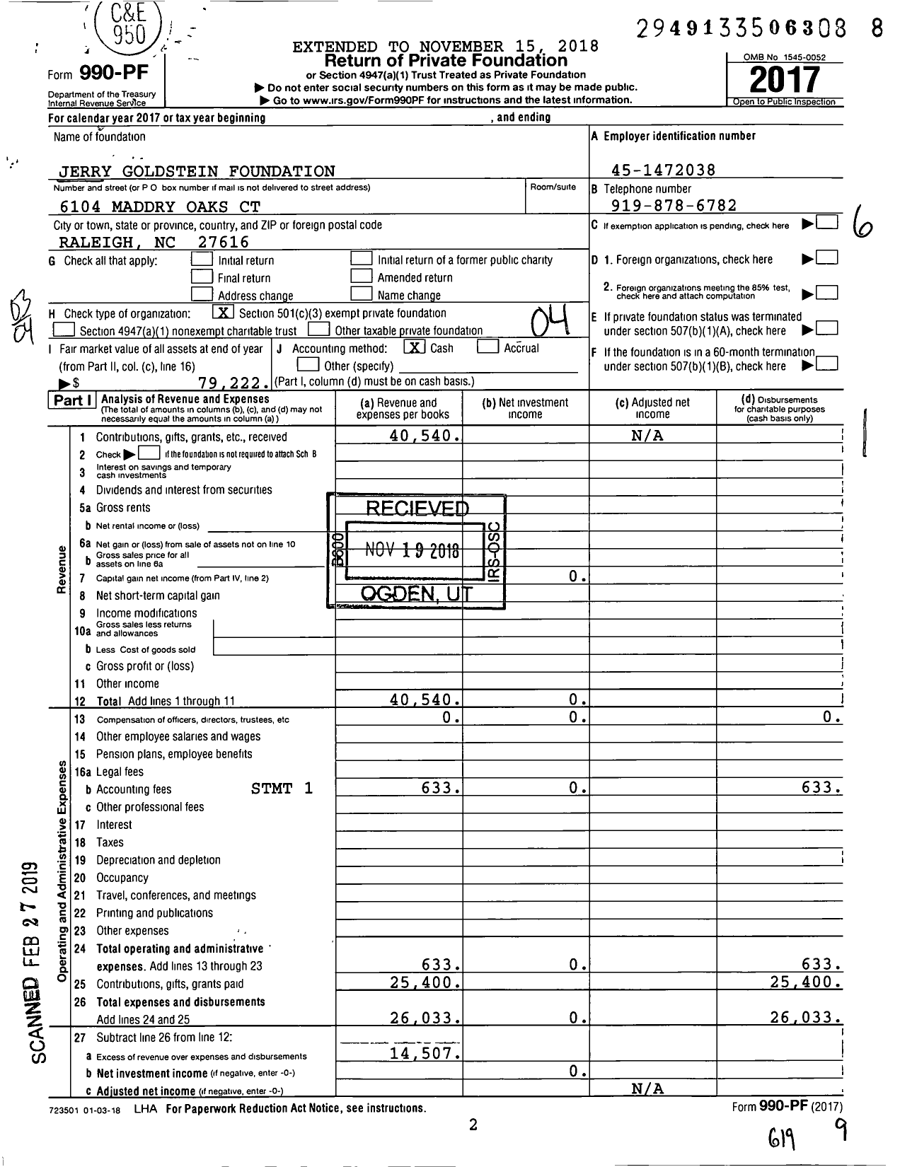 Image of first page of 2017 Form 990PF for Jerry Goldstein Foundation