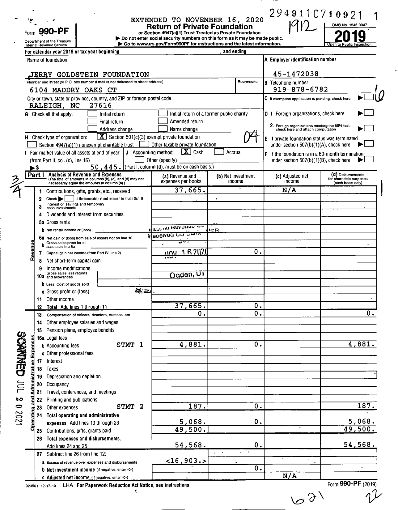 Image of first page of 2019 Form 990PF for Jerry Goldstein Foundation