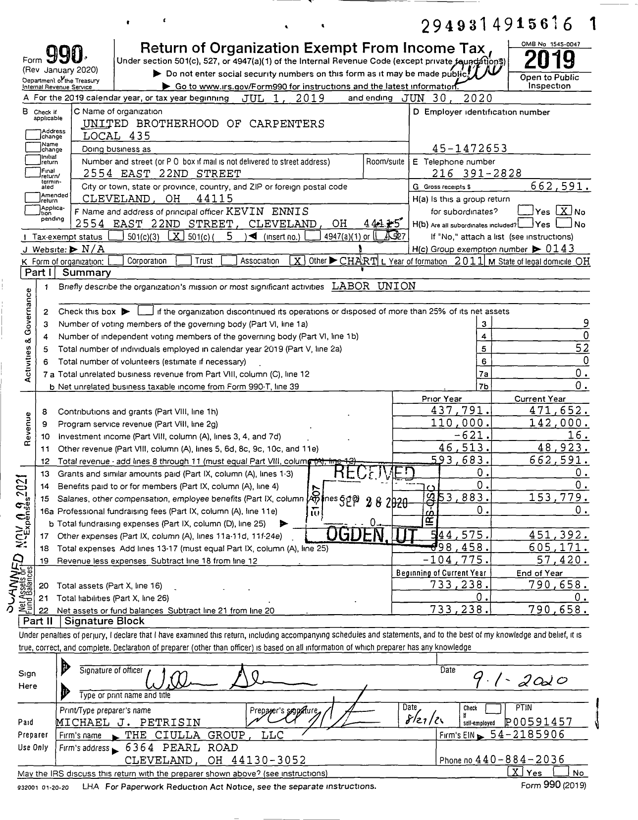 Image of first page of 2019 Form 990O for United Brotherhood of Carpenters & Joiners - 435 Local