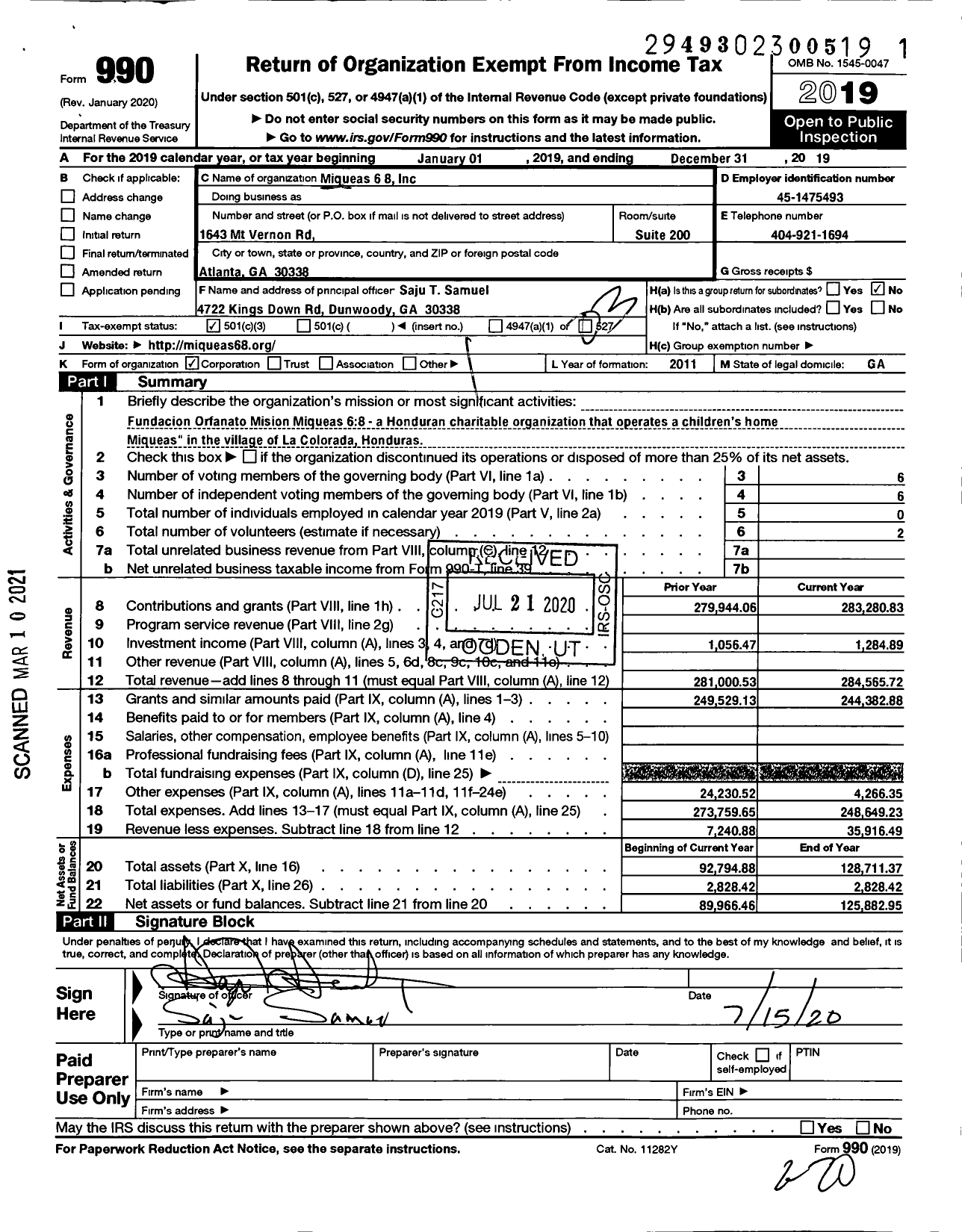 Image of first page of 2019 Form 990 for Miqueas 6-8