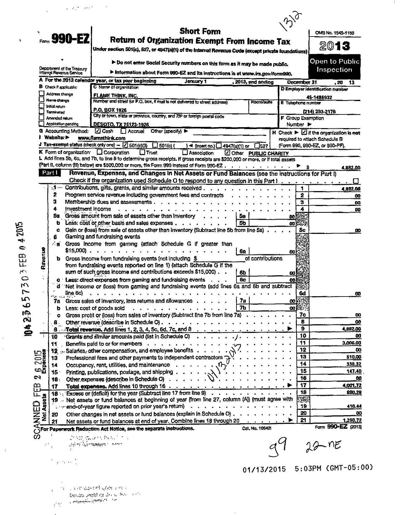 Image of first page of 2013 Form 990EZ for Flame Think