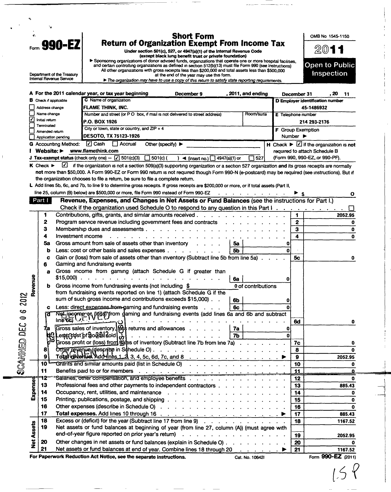 Image of first page of 2011 Form 990EZ for Flame Think