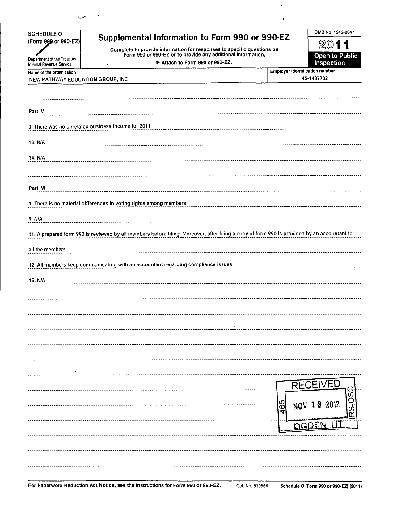 Image of first page of 2011 Form 990R for New Pathway Education Group