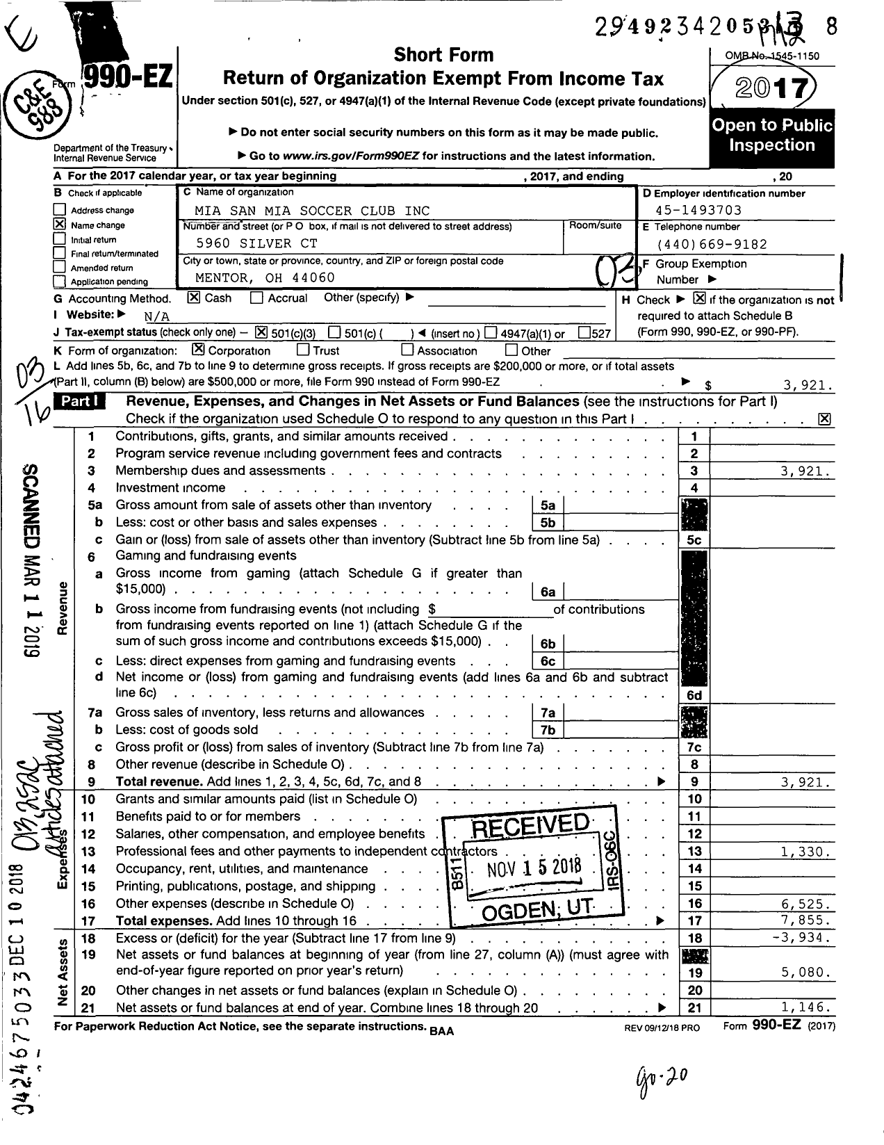 Image of first page of 2017 Form 990EZ for Mia San Mia Soccer Club