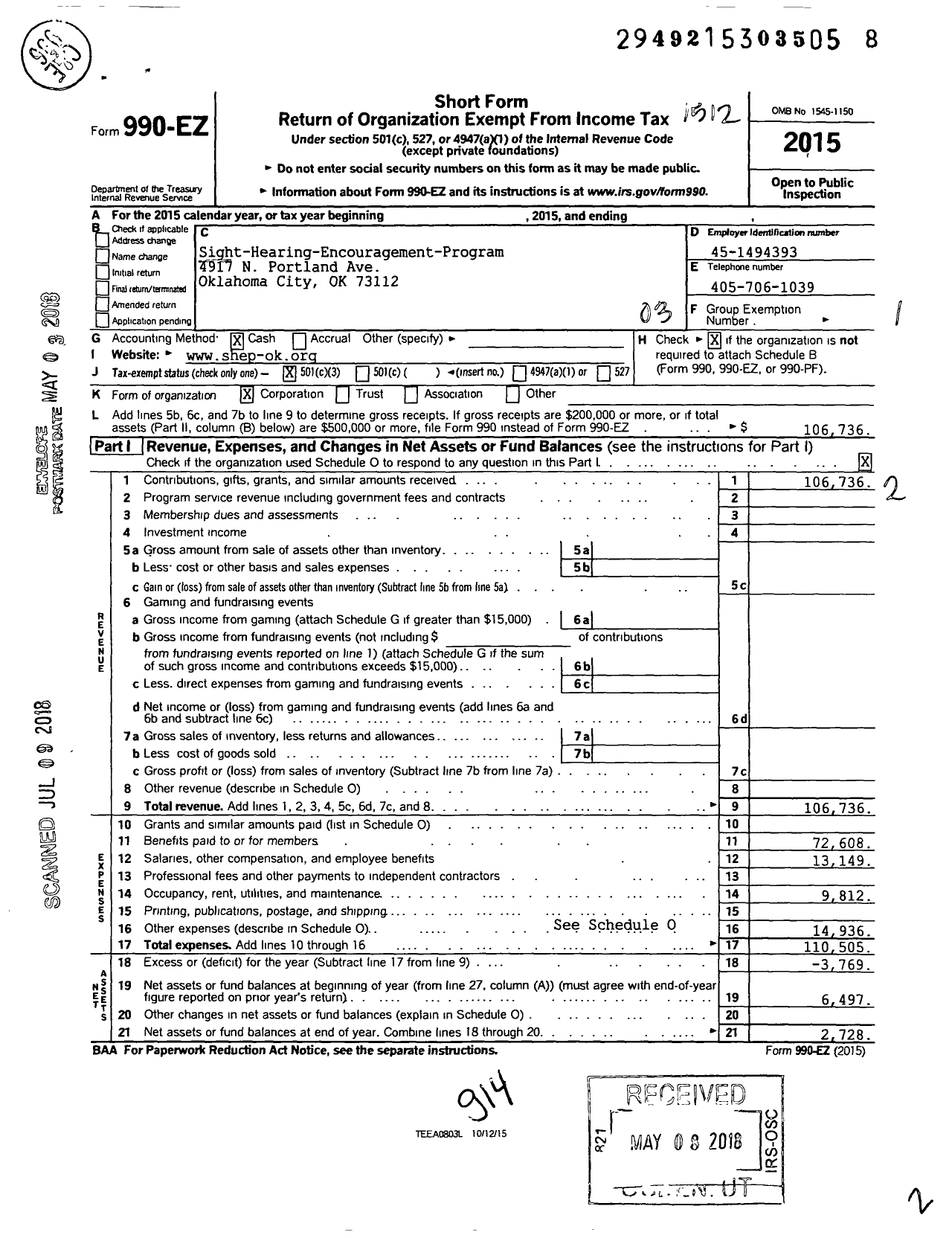 Image of first page of 2015 Form 990EZ for Sight-Hearing Encouragement Program