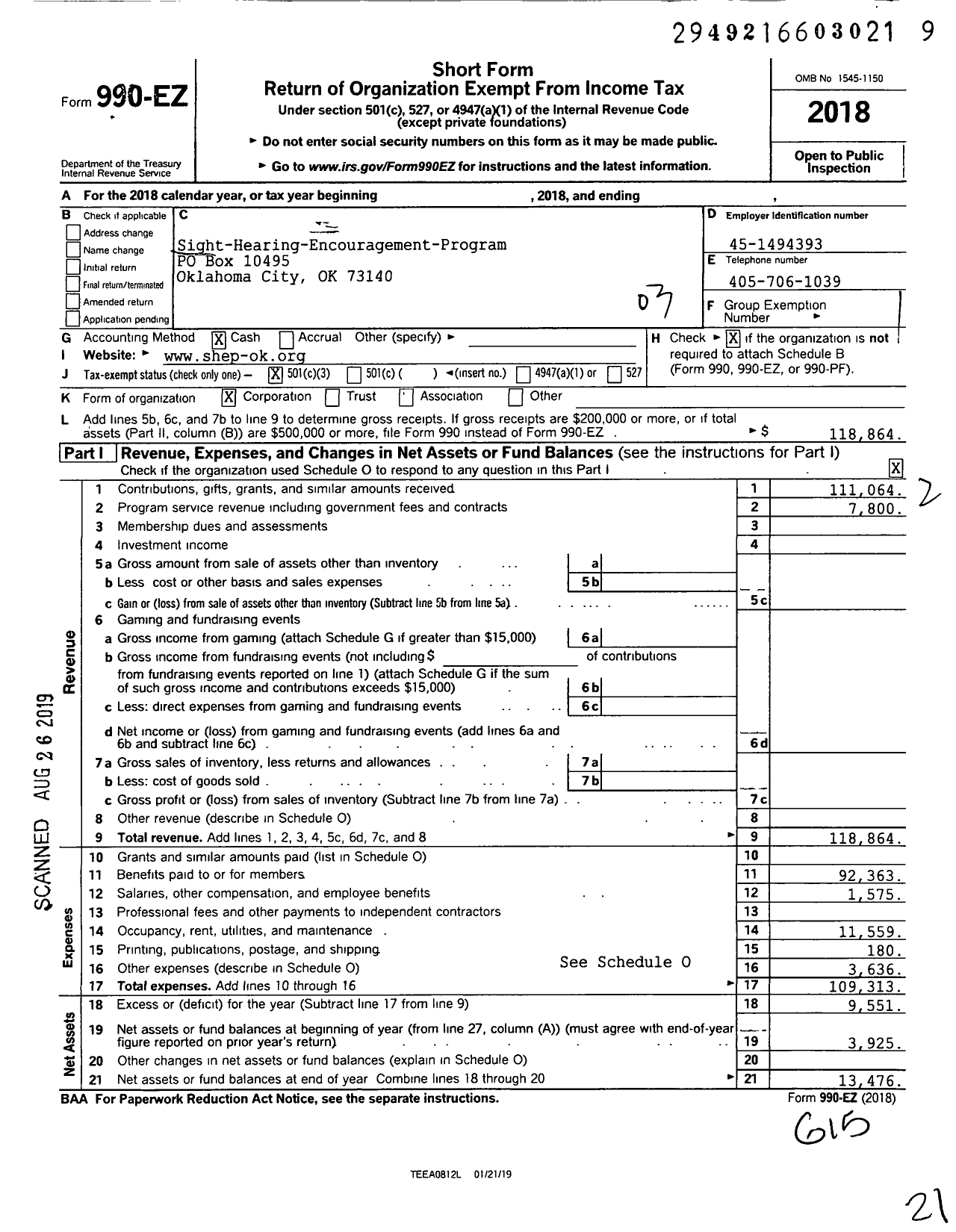 Image of first page of 2018 Form 990EZ for Sight-Hearing Encouragement Program