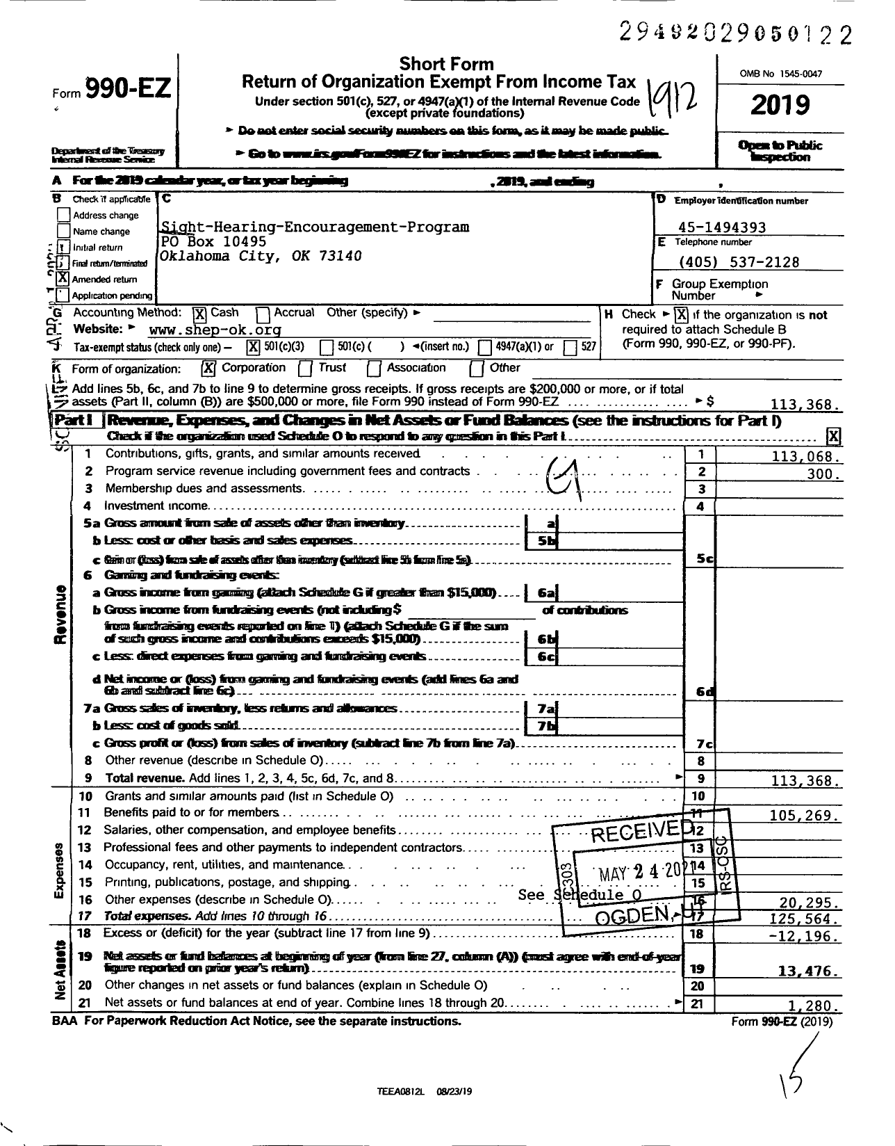 Image of first page of 2019 Form 990EZ for Sight-Hearing Encouragement Program