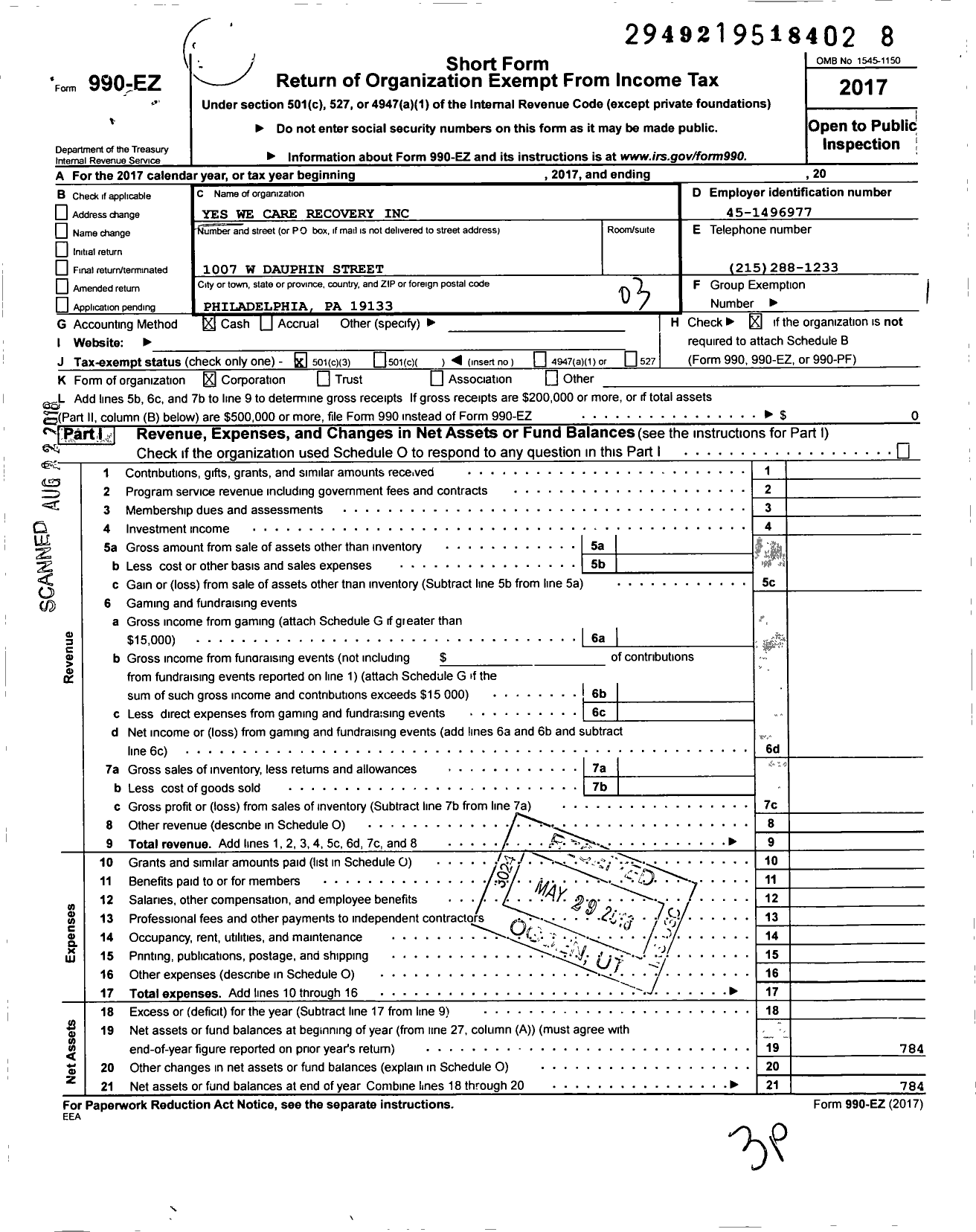 Image of first page of 2017 Form 990EZ for Yes We Care Recovery