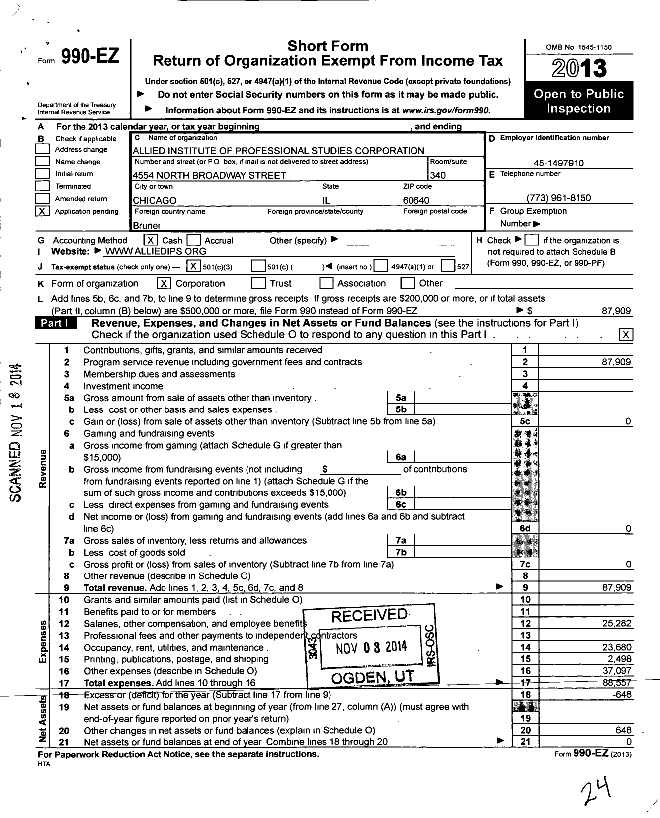 Image of first page of 2013 Form 990EZ for Allied Institute of Professional Studies Corporation