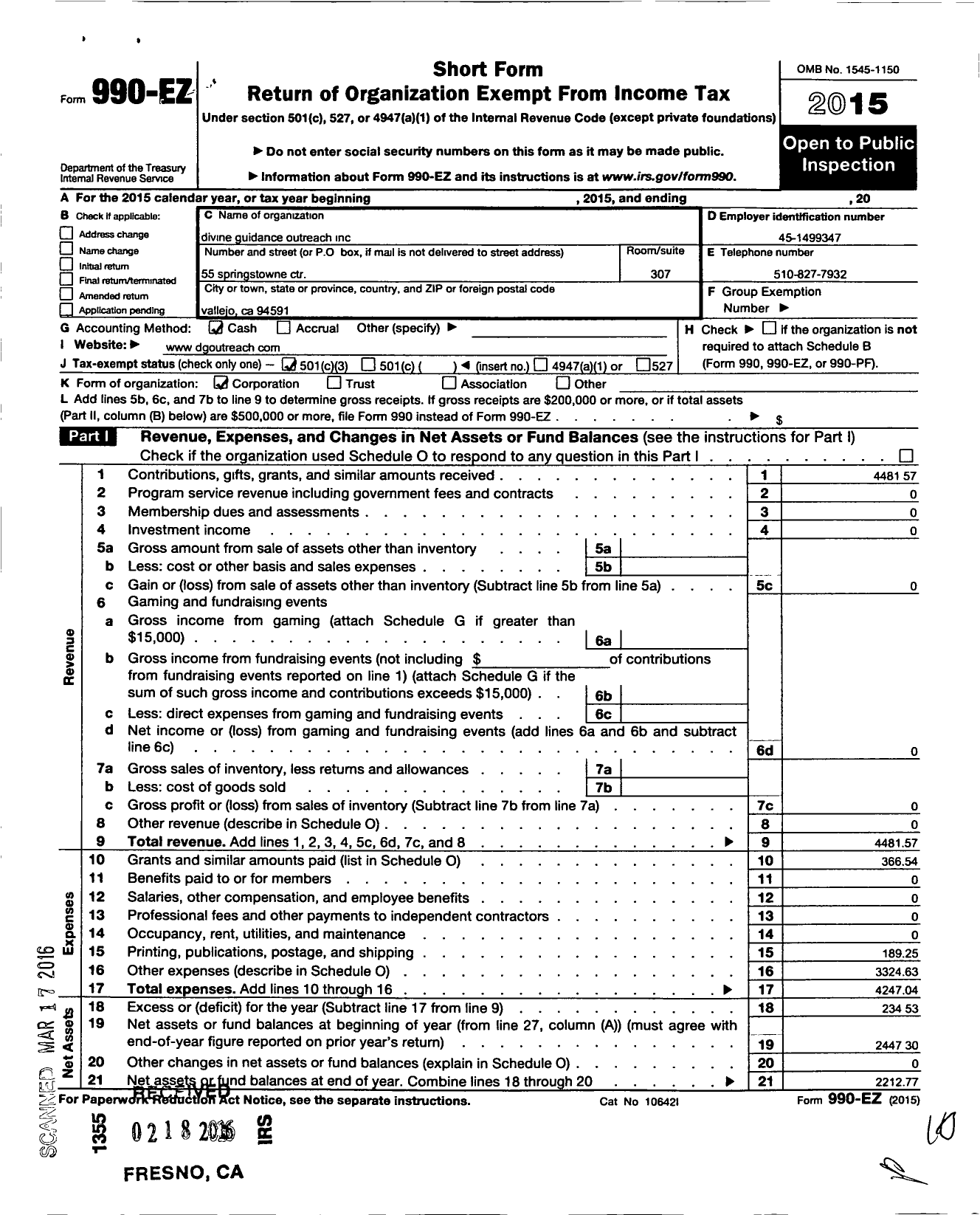 Image of first page of 2015 Form 990EZ for Divine Guidance Outreach