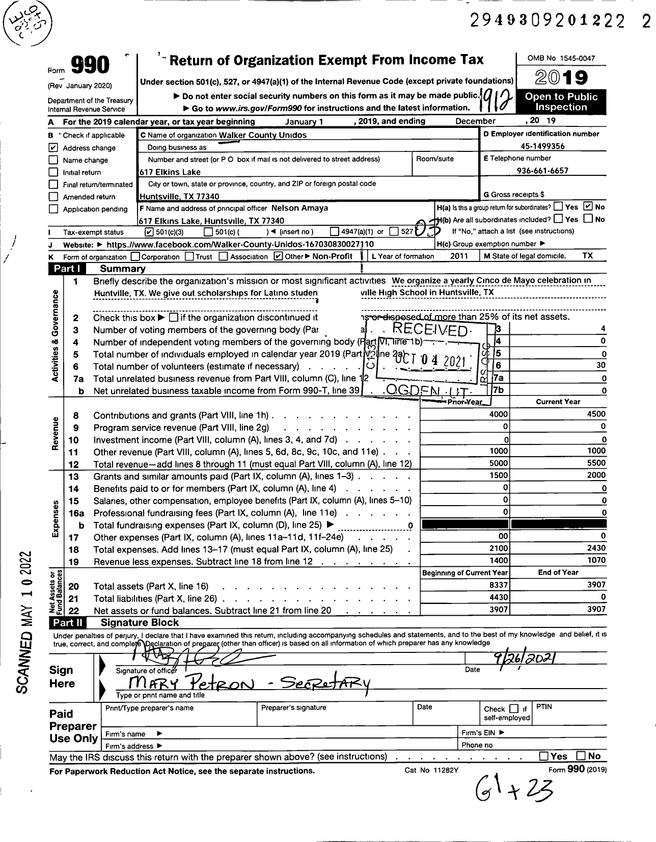 Image of first page of 2019 Form 990 for Walker County Unidos