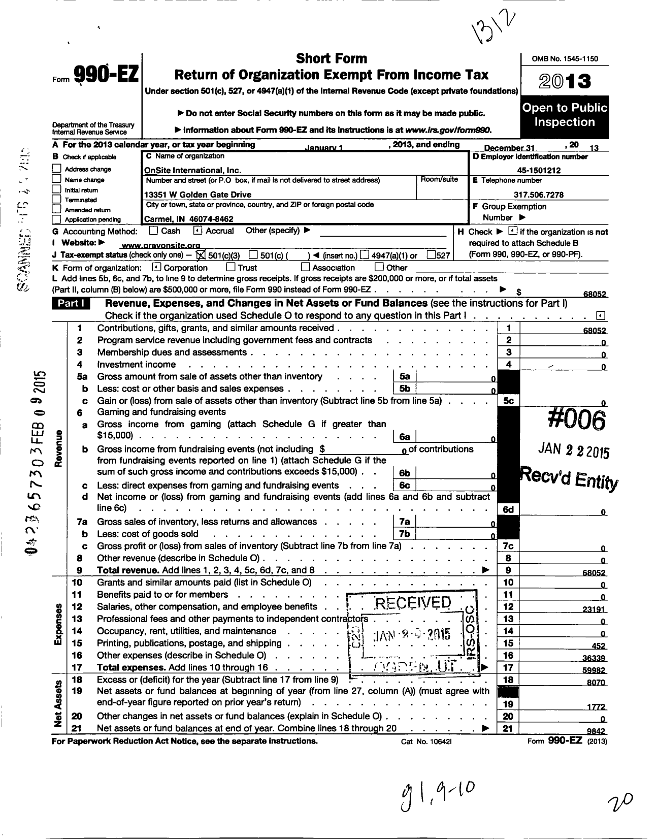 Image of first page of 2013 Form 990EZ for Onsite International