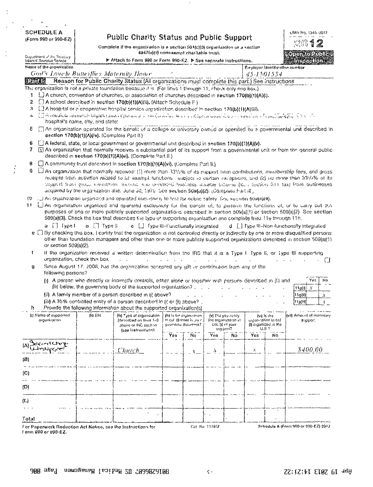 Image of first page of 2012 Form 990R for Gods Lovely Butterflies Maternity Home