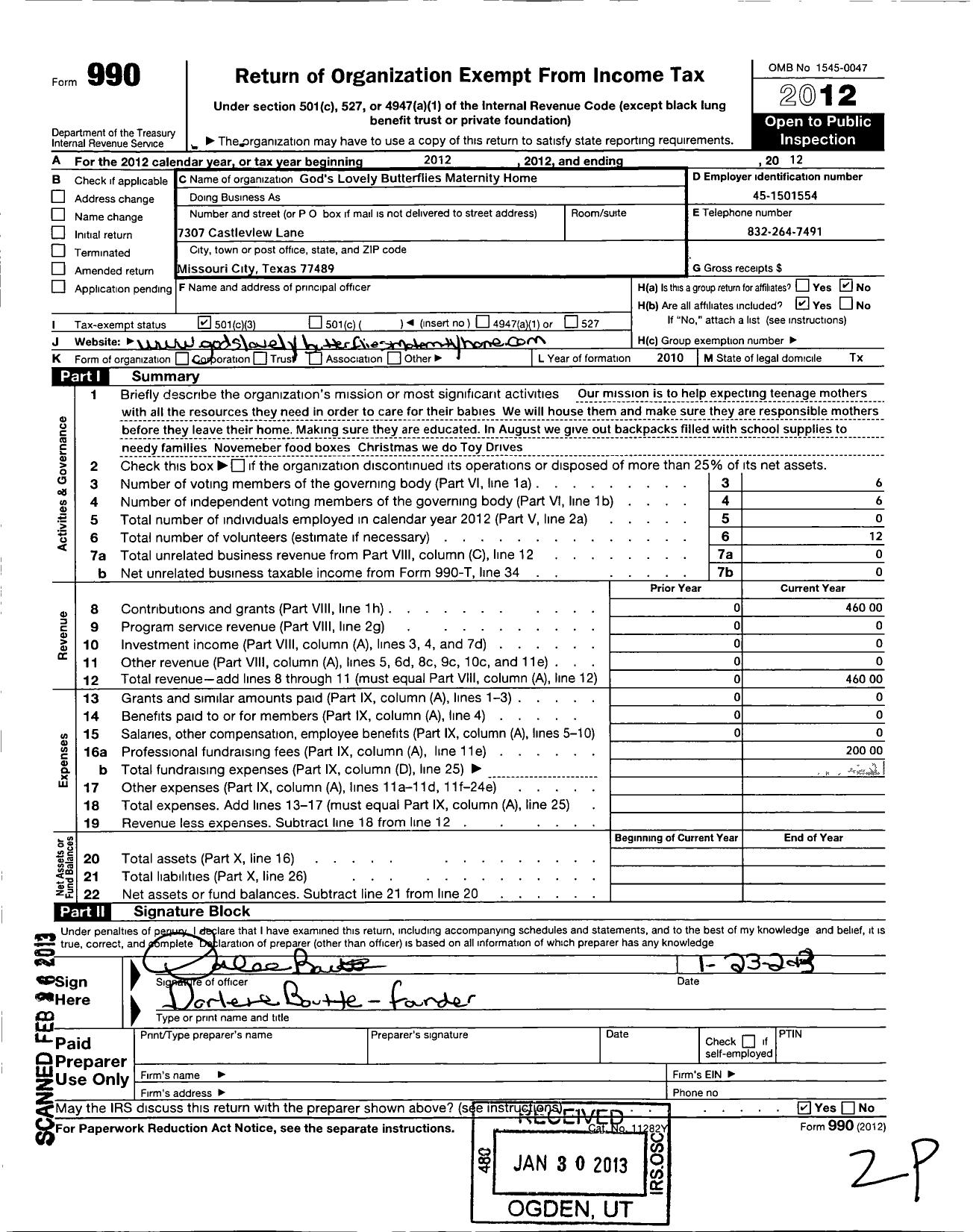 Image of first page of 2012 Form 990 for Gods Lovely Butterflies Maternity Home