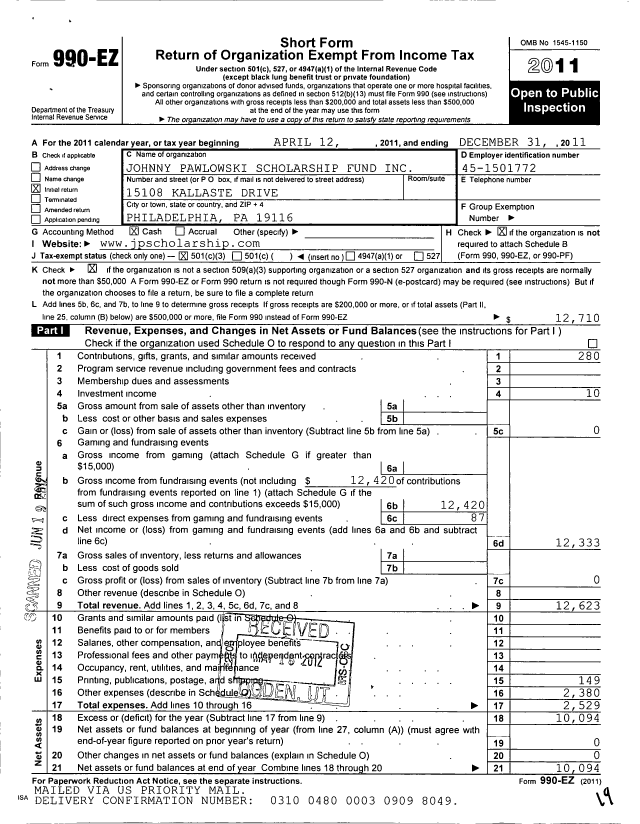 Image of first page of 2011 Form 990EZ for Johnny Pawlowski Scholarship Fund