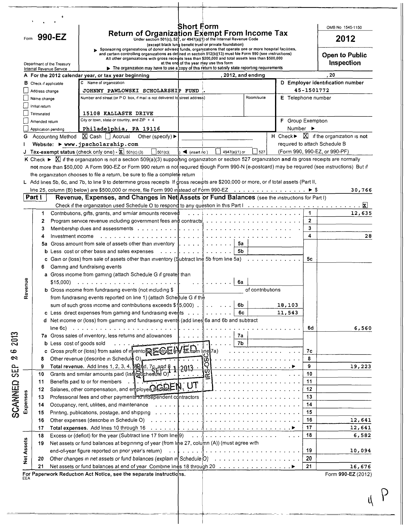 Image of first page of 2012 Form 990EZ for Johnny Pawlowski Scholarship Fund