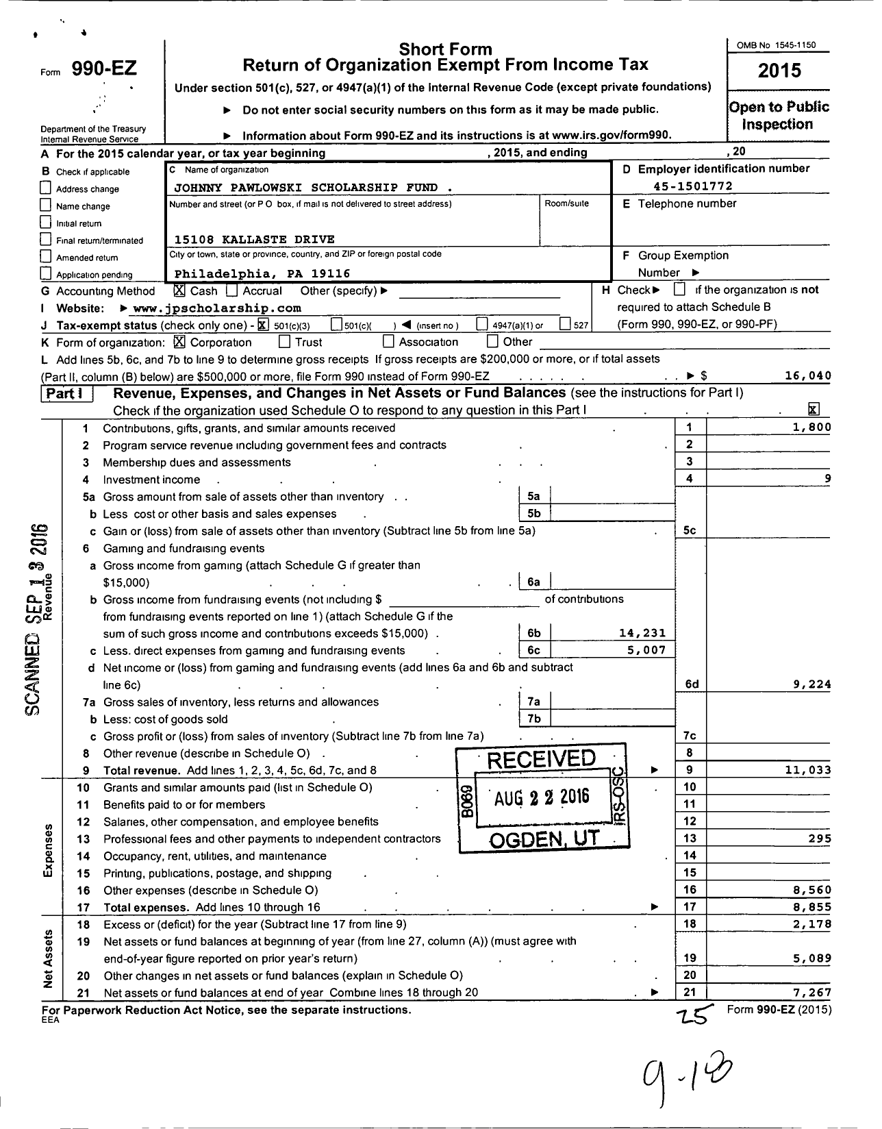 Image of first page of 2015 Form 990EZ for Johnny Pawlowski Scholarship Fund