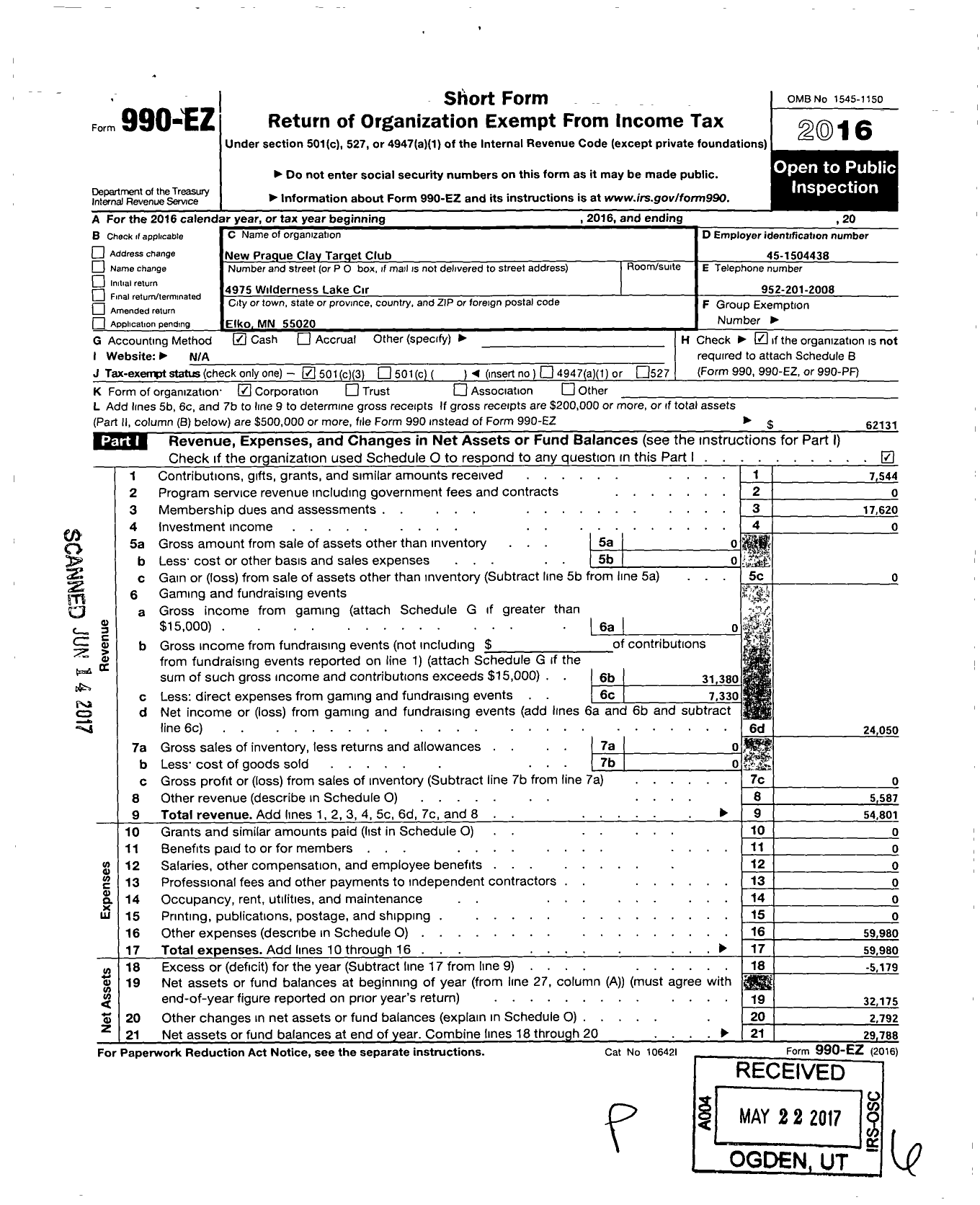 Image of first page of 2016 Form 990EZ for New Prague Clay Target Club