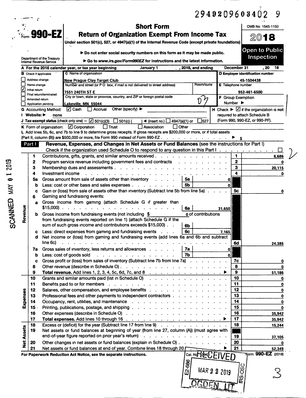 Image of first page of 2018 Form 990EZ for New Prague Clay Target Club