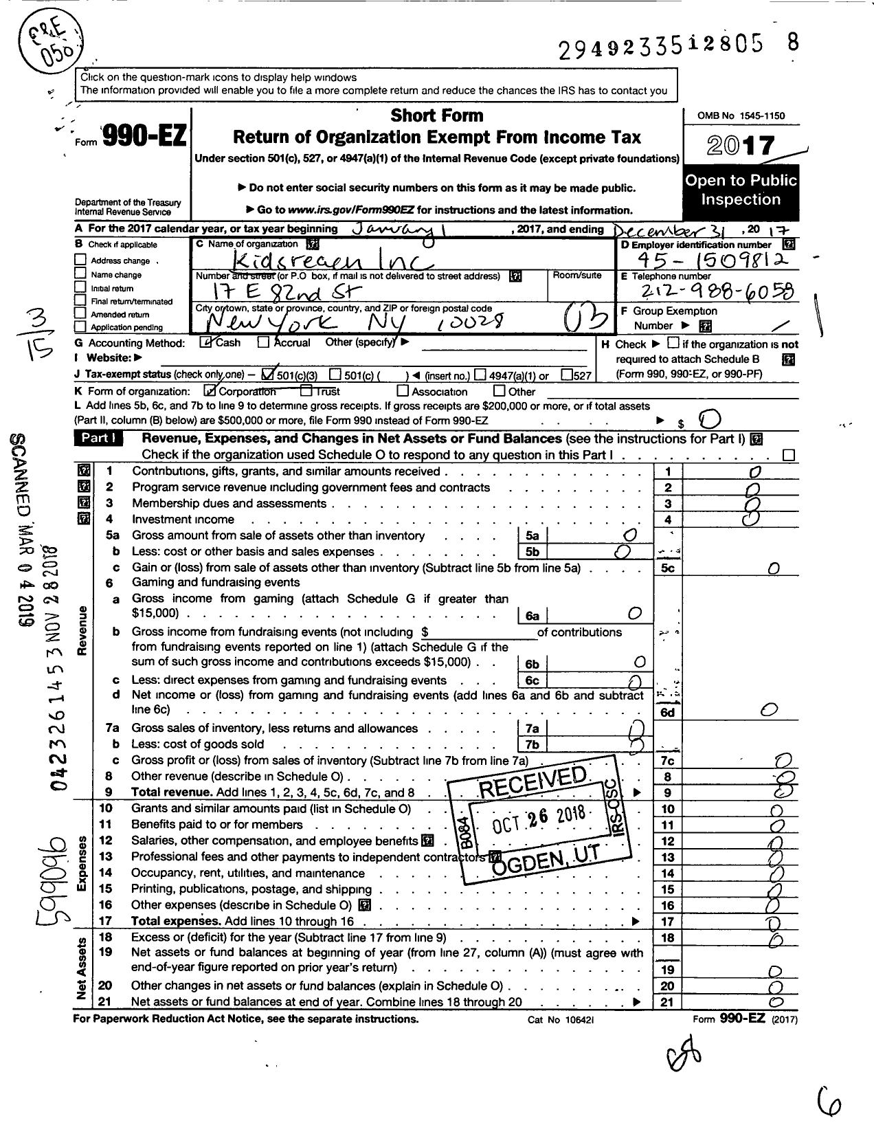 Image of first page of 2017 Form 990EZ for Kidsreach