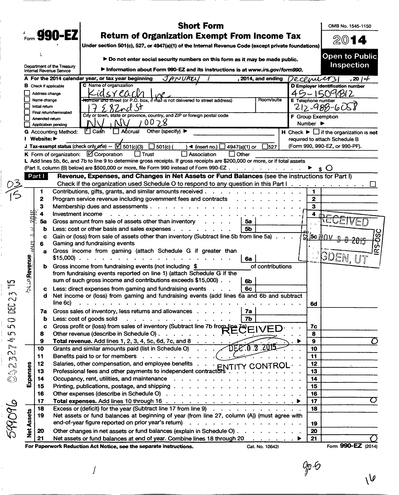 Image of first page of 2014 Form 990EZ for Kidsreach