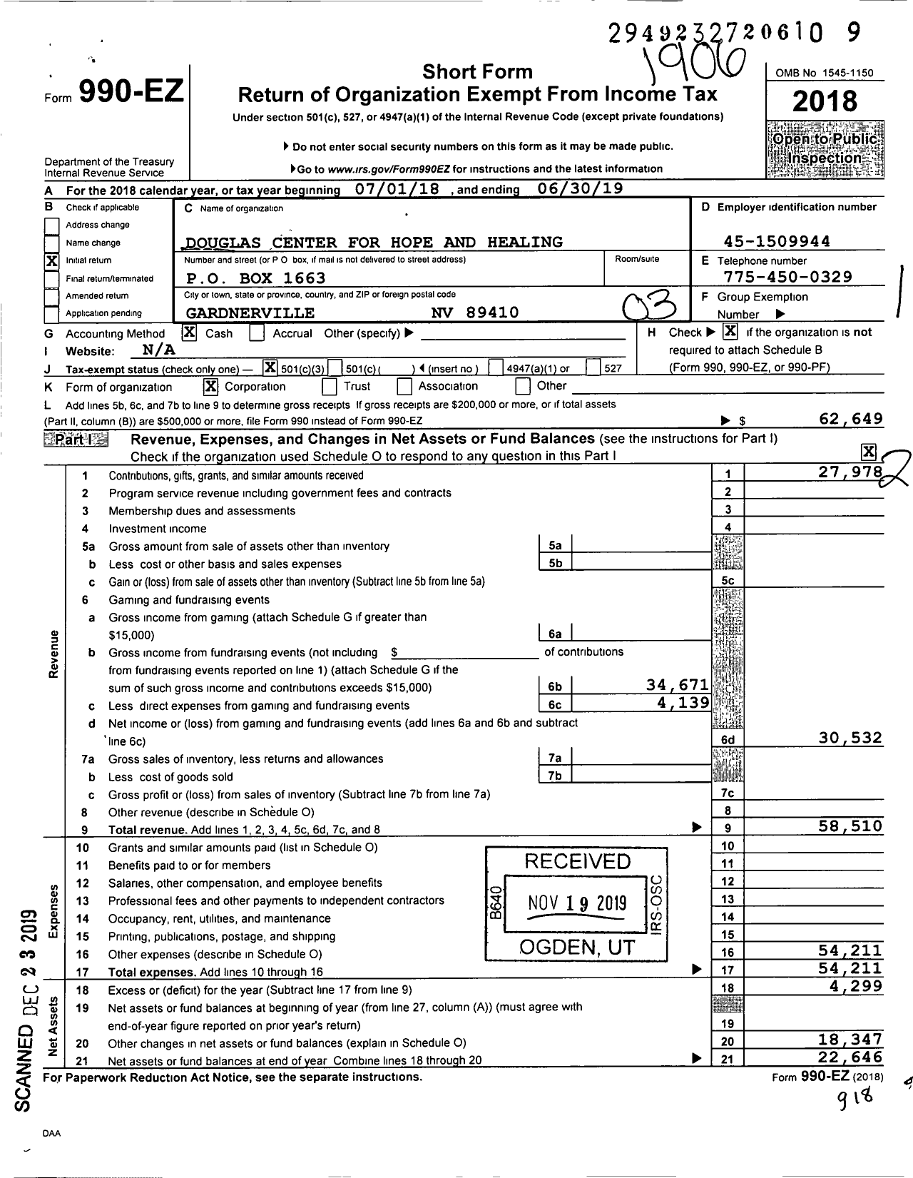 Image of first page of 2018 Form 990EZ for Douglas Center for Hope and Healing