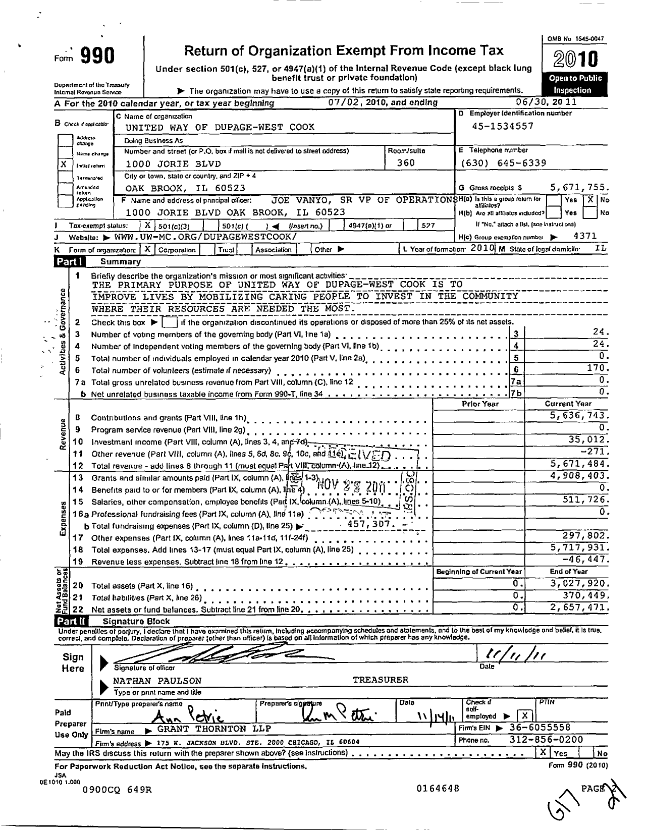 Image of first page of 2010 Form 990 for United Way of DuPageWest Cook