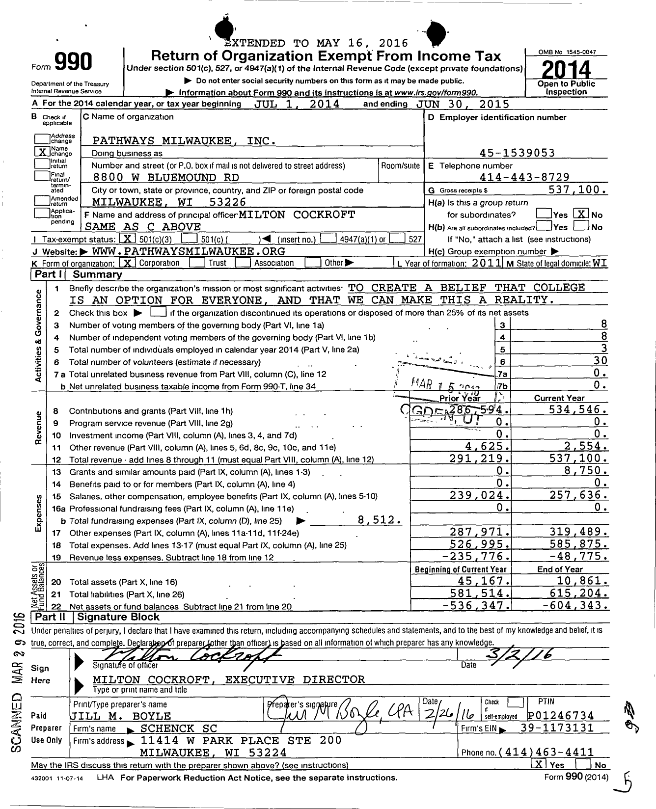 Image of first page of 2014 Form 990 for Pathways To College