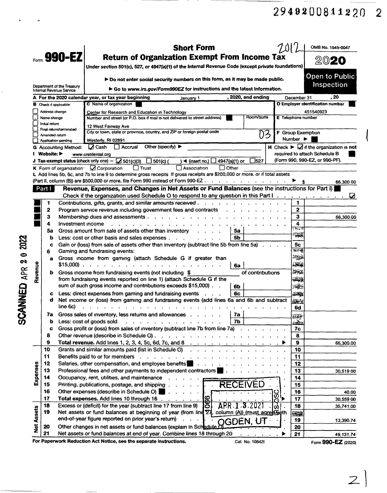 Image of first page of 2020 Form 990EZ for Center for Research and Education in Technology