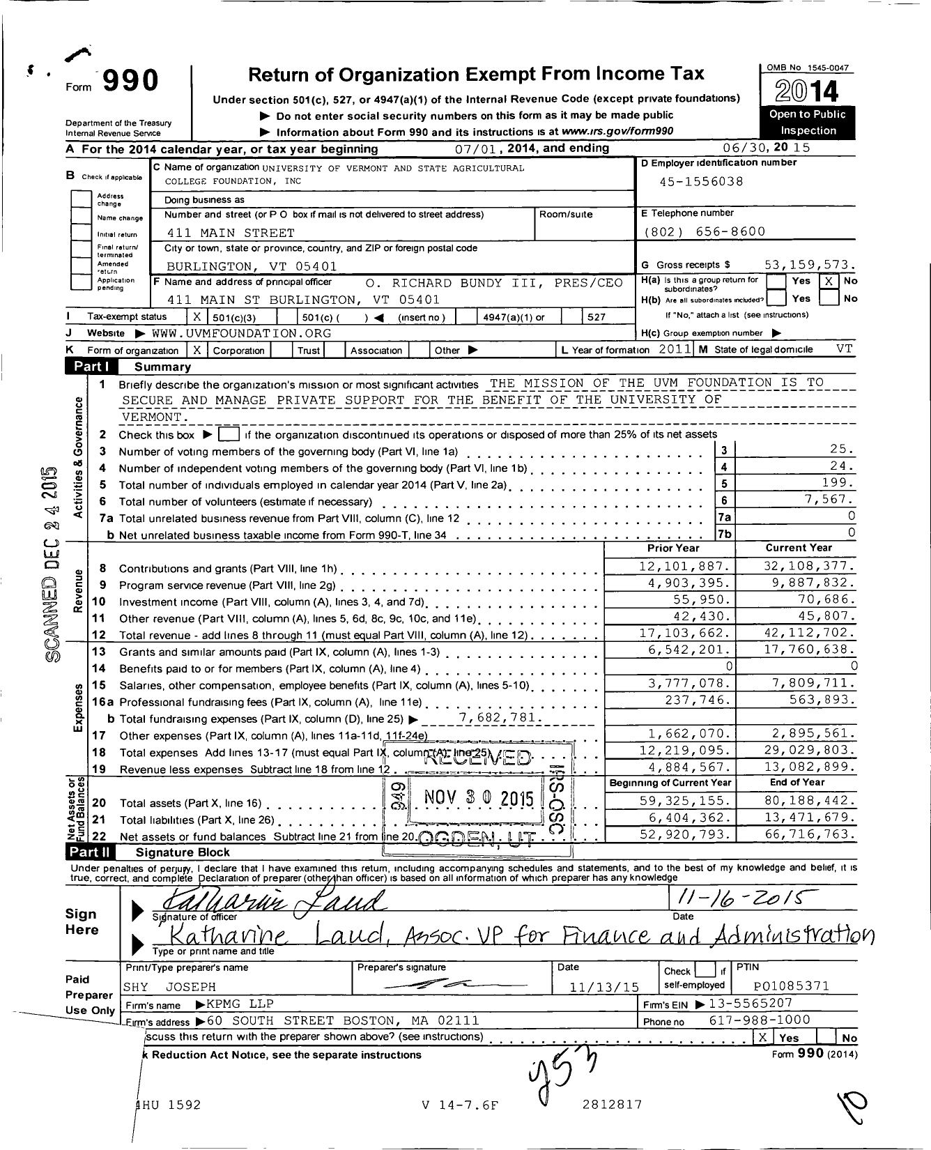 Image of first page of 2014 Form 990 for University of Vermont And State Agricultural College Foundation