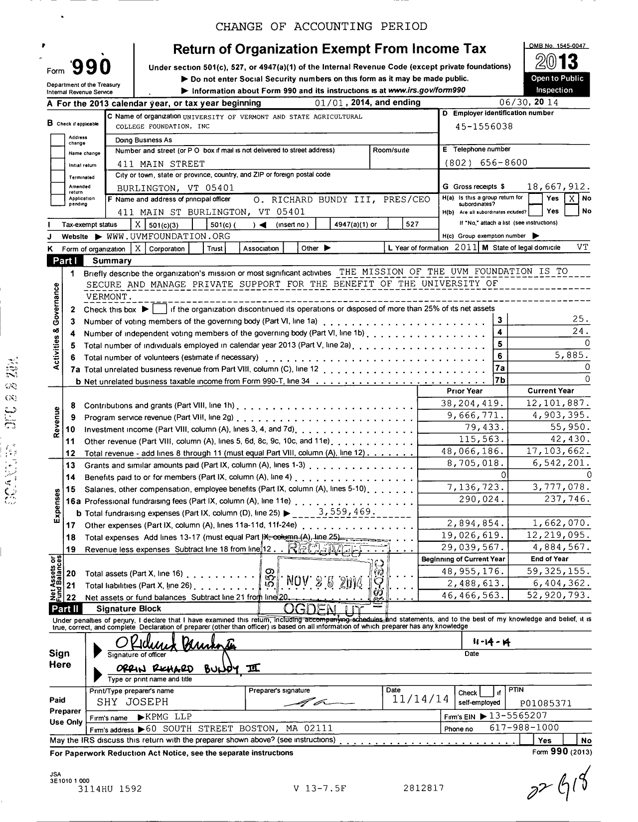 Image of first page of 2013 Form 990 for University of Vermont And State Agricultural College Foundation