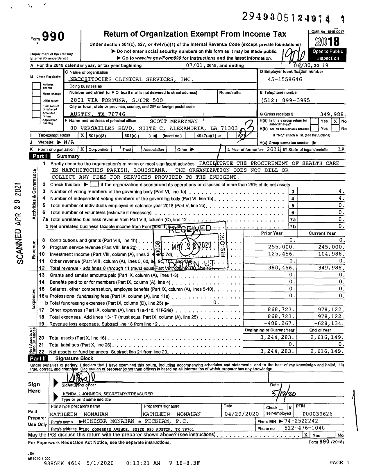 Image of first page of 2018 Form 990 for Natchitoches Clinical Services